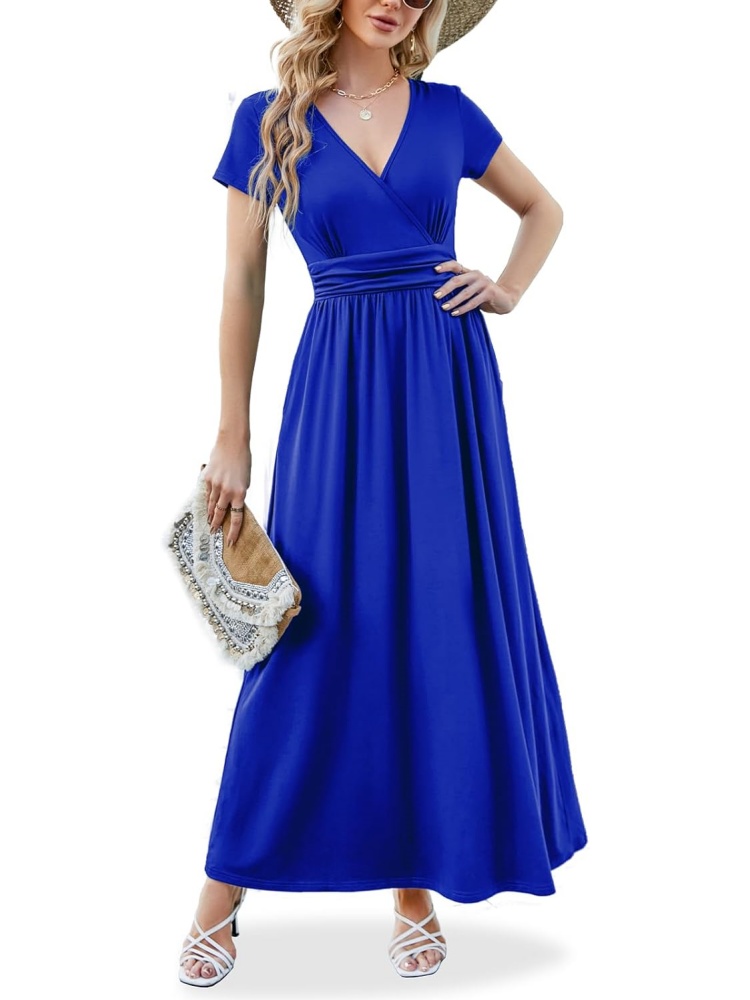 Women V Neck Empire Pleated Waist Elegant Long Dresses with Pockets