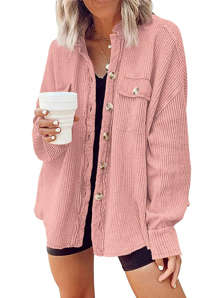 Women's Waffle Long Sleeve Button Down Shirt Jackets (buy 2 free shipping)
