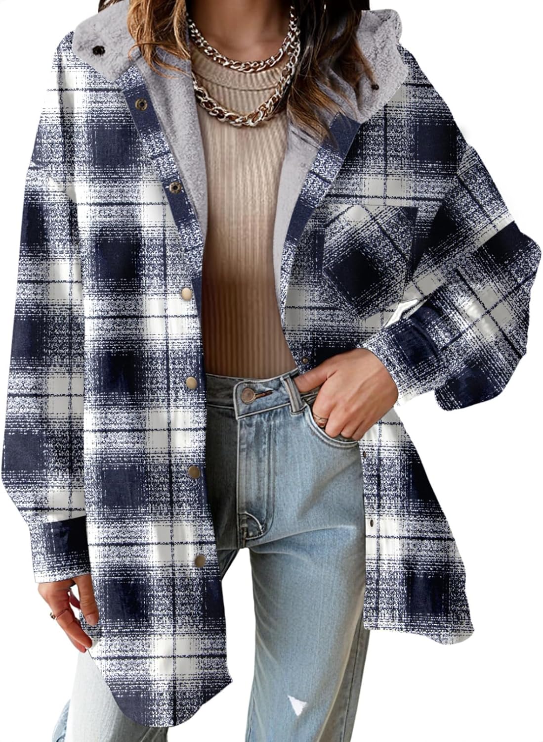 Women's Flannel Hooded Plaid Shacket Thick Coat Fuzzy Fleece Jacket(BUY 2 FREE SHIPPING)
