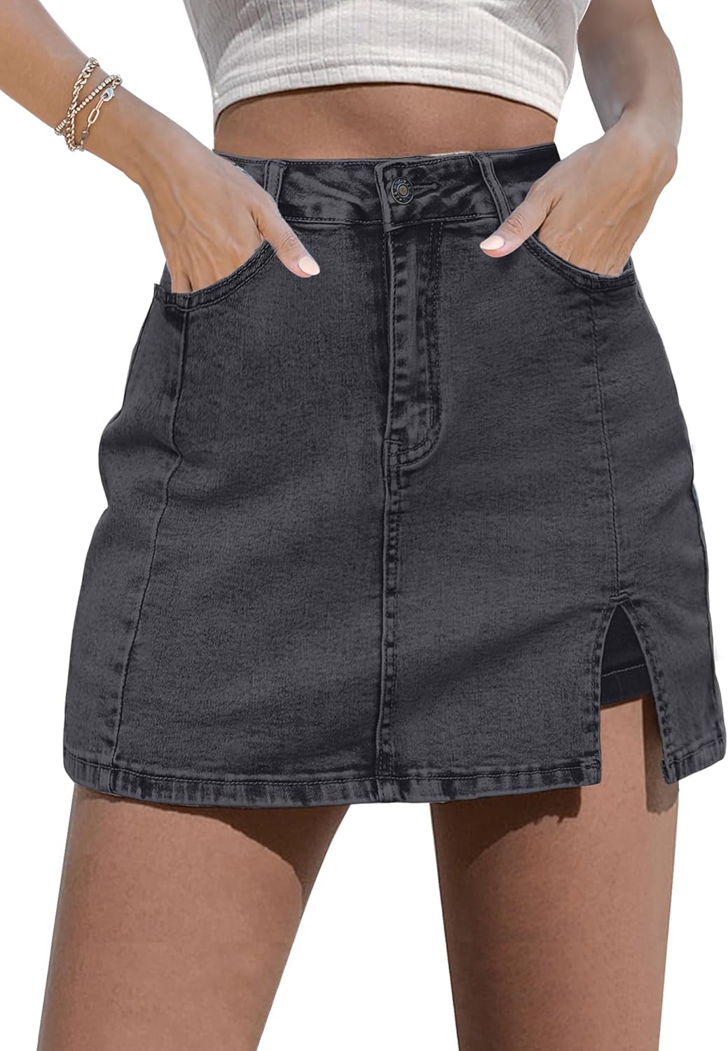 Women Denim Mini Skirt Side Slit with High Waisted Jean Shorts Stretchy