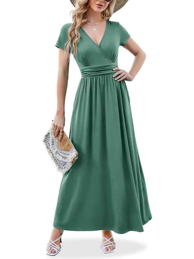 Women V Neck Empire Pleated Waist Elegant Long Dresses with Pockets