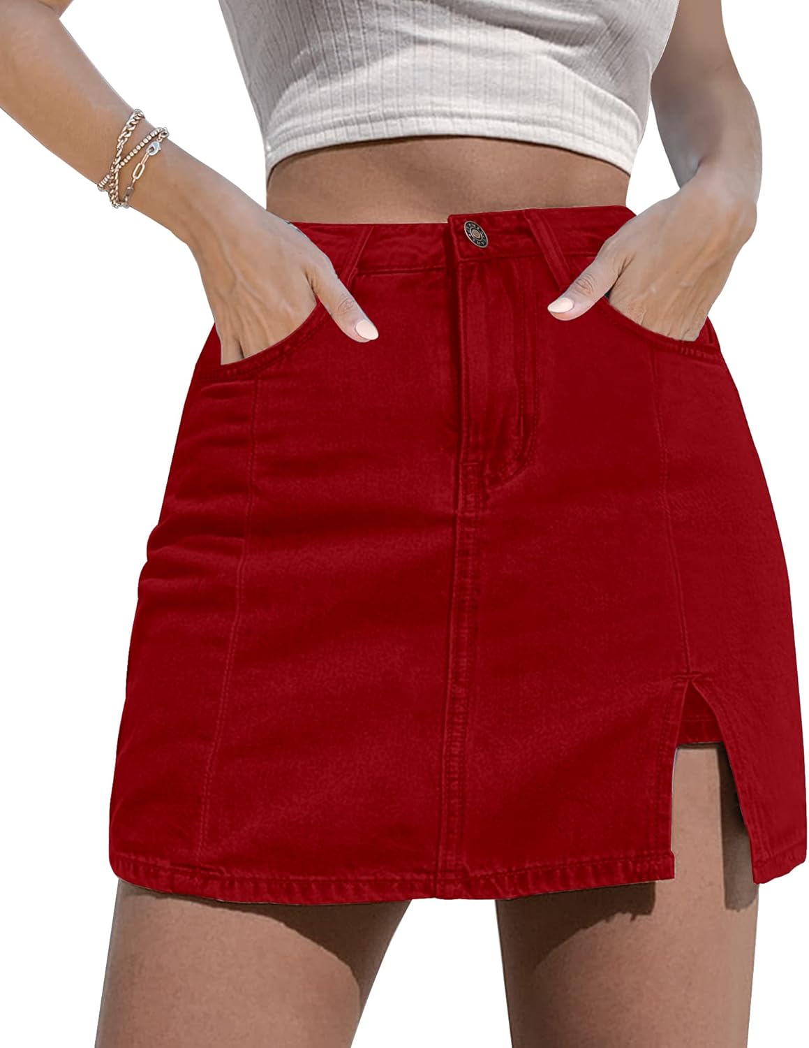 Women Denim Mini Skirt Side Slit with High Waisted Jean Shorts Stretchy