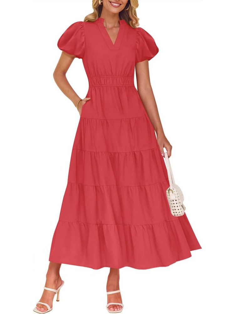 Women's Puff Short Sleeve V Neck Ruffle Tiered Flowy Boho Beach Dress