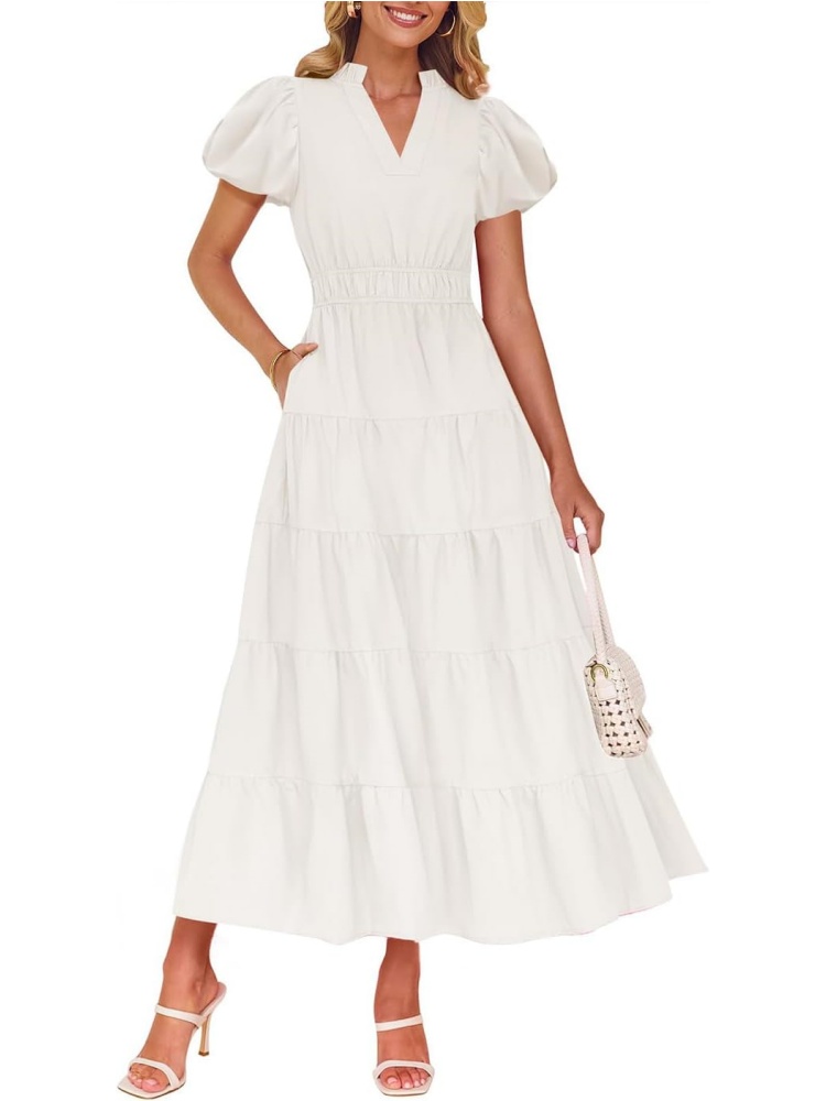 Women's Puff Short Sleeve V Neck Ruffle Tiered Flowy Boho Beach Dress