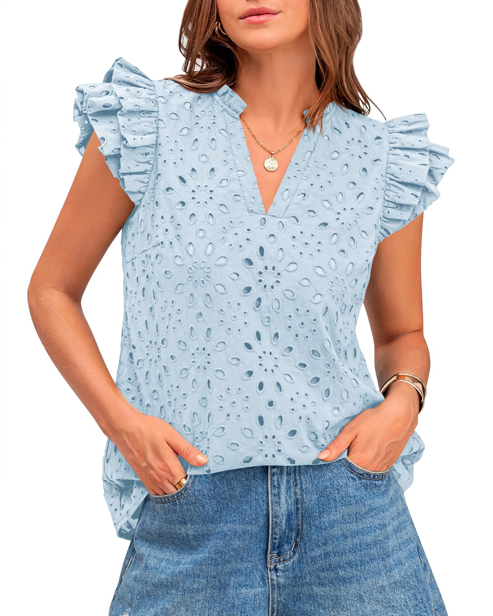Women Summer Eyelet Tops Dressy Casual V Neck Ruffle Cap Sleeve