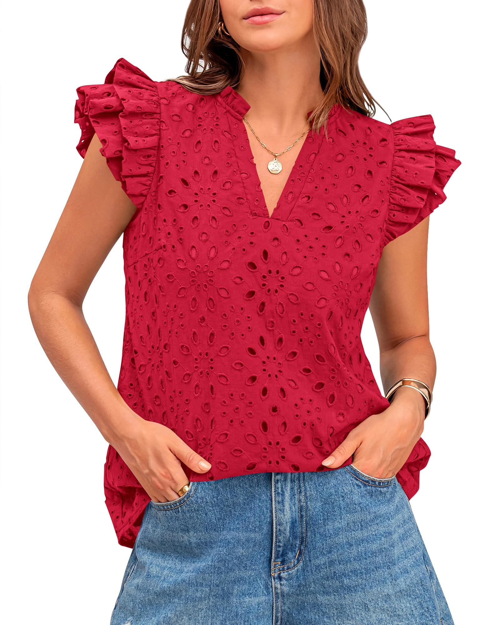 Women Summer Eyelet Tops Dressy Casual V Neck Ruffle Cap Sleeve(BUY TWO FREE SHIPPING)