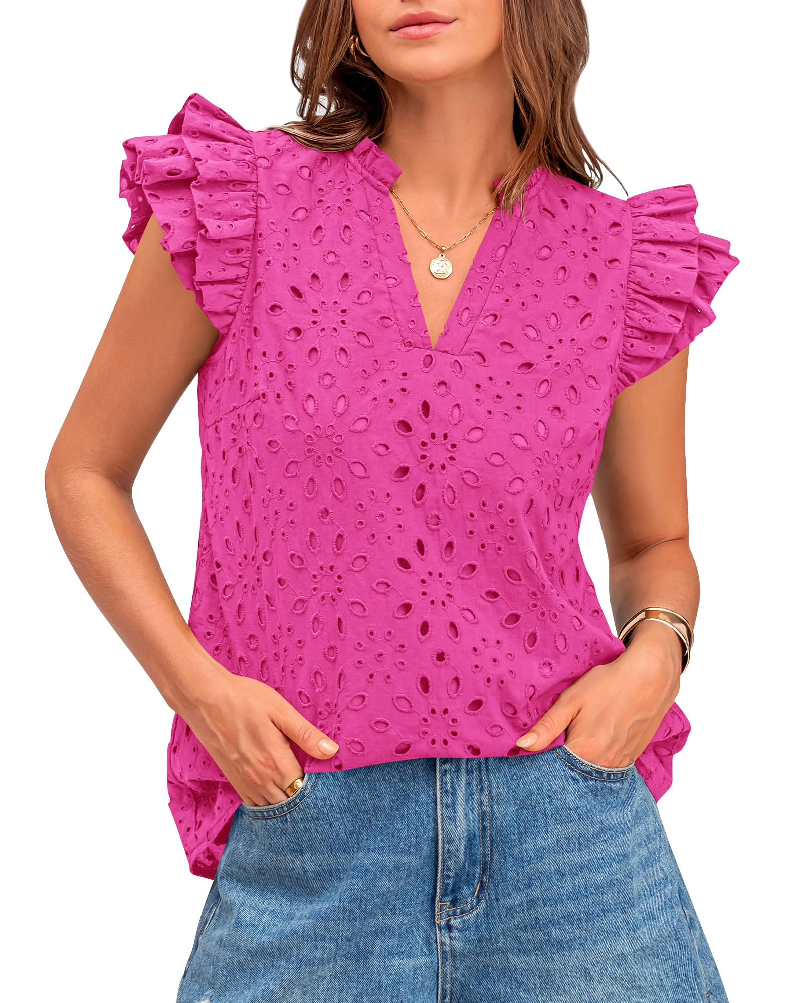 Women Summer Eyelet Tops Dressy Casual V Neck Ruffle Cap Sleeve(BUY TWO FREE SHIPPING)