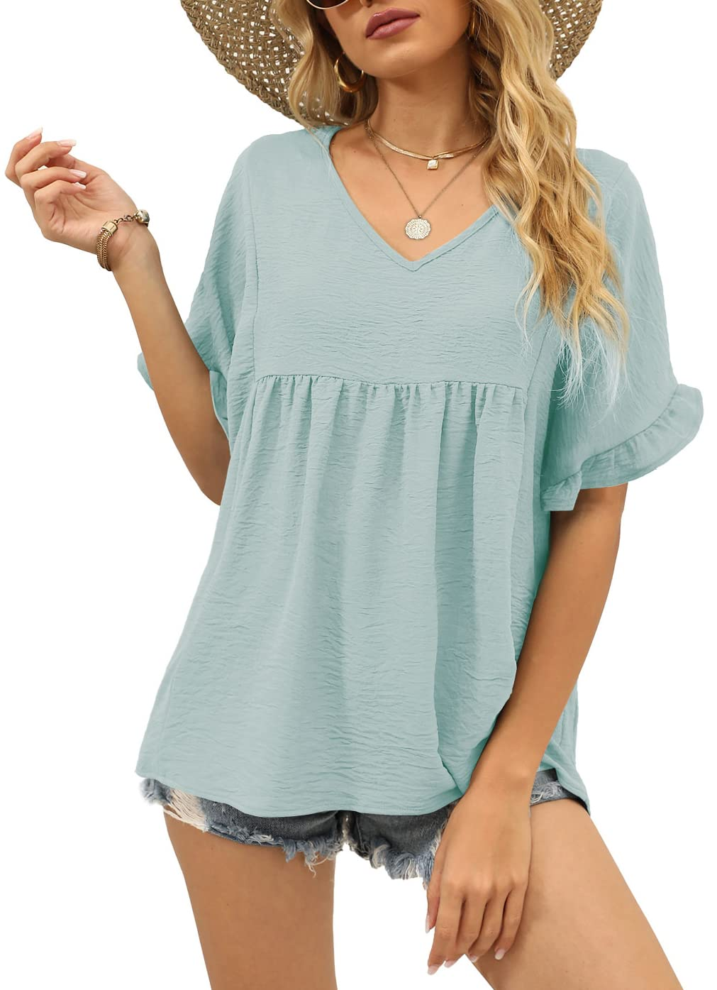 Womens Tops Casual V Neck Ruffle Sleeve T Shirts Babydoll Loose Fit Peplum Tops