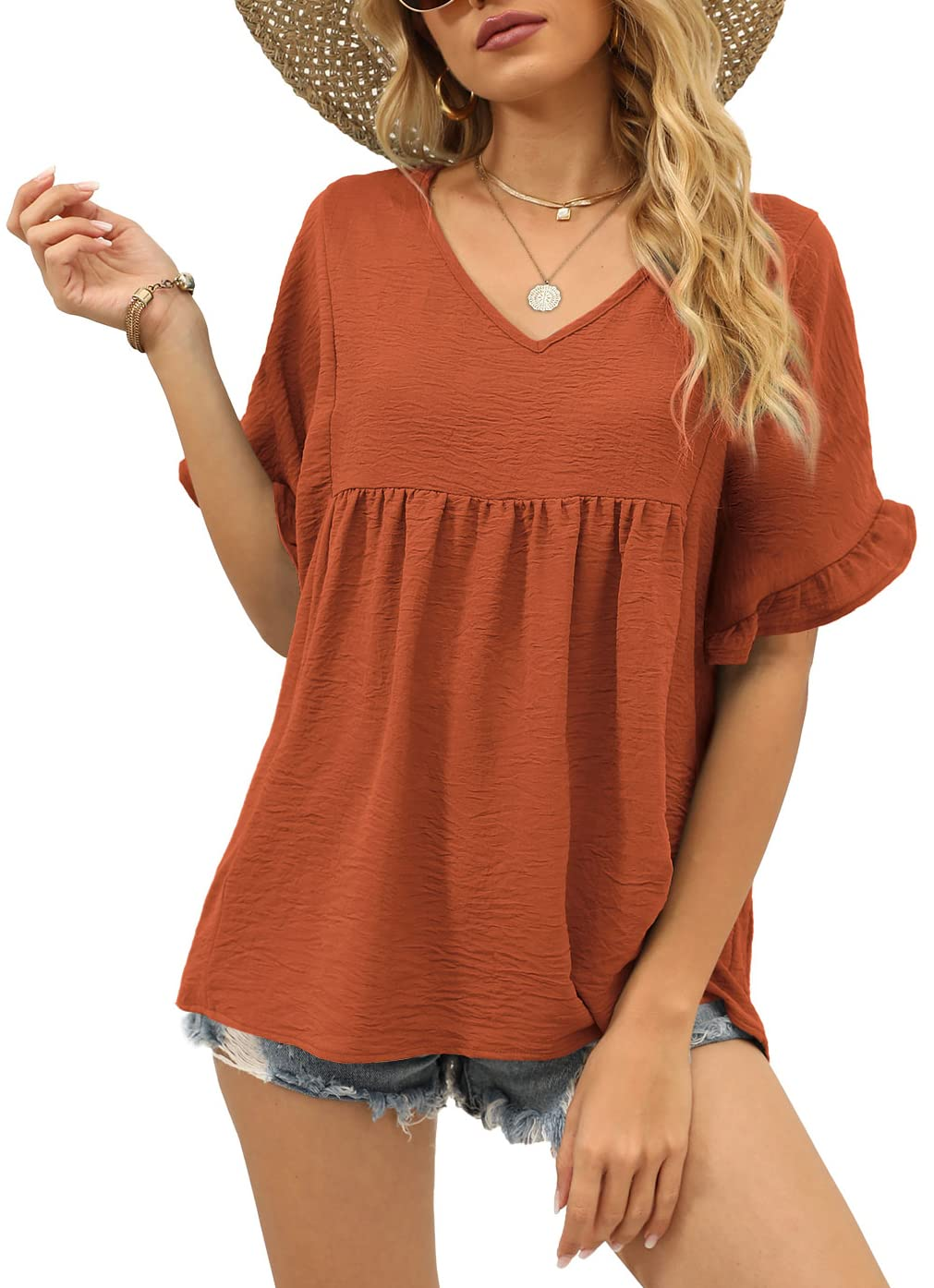Womens Tops Casual V Neck Ruffle Sleeve T Shirts Babydoll Loose Fit Peplum Tops