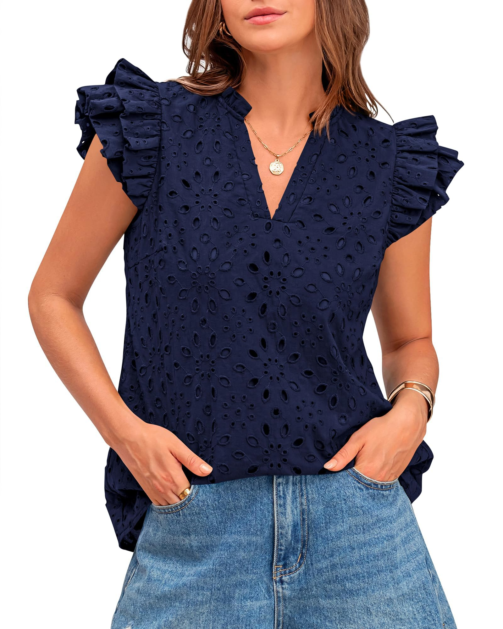 Women Summer Eyelet Tops Dressy Casual V Neck Ruffle Cap Sleeve
