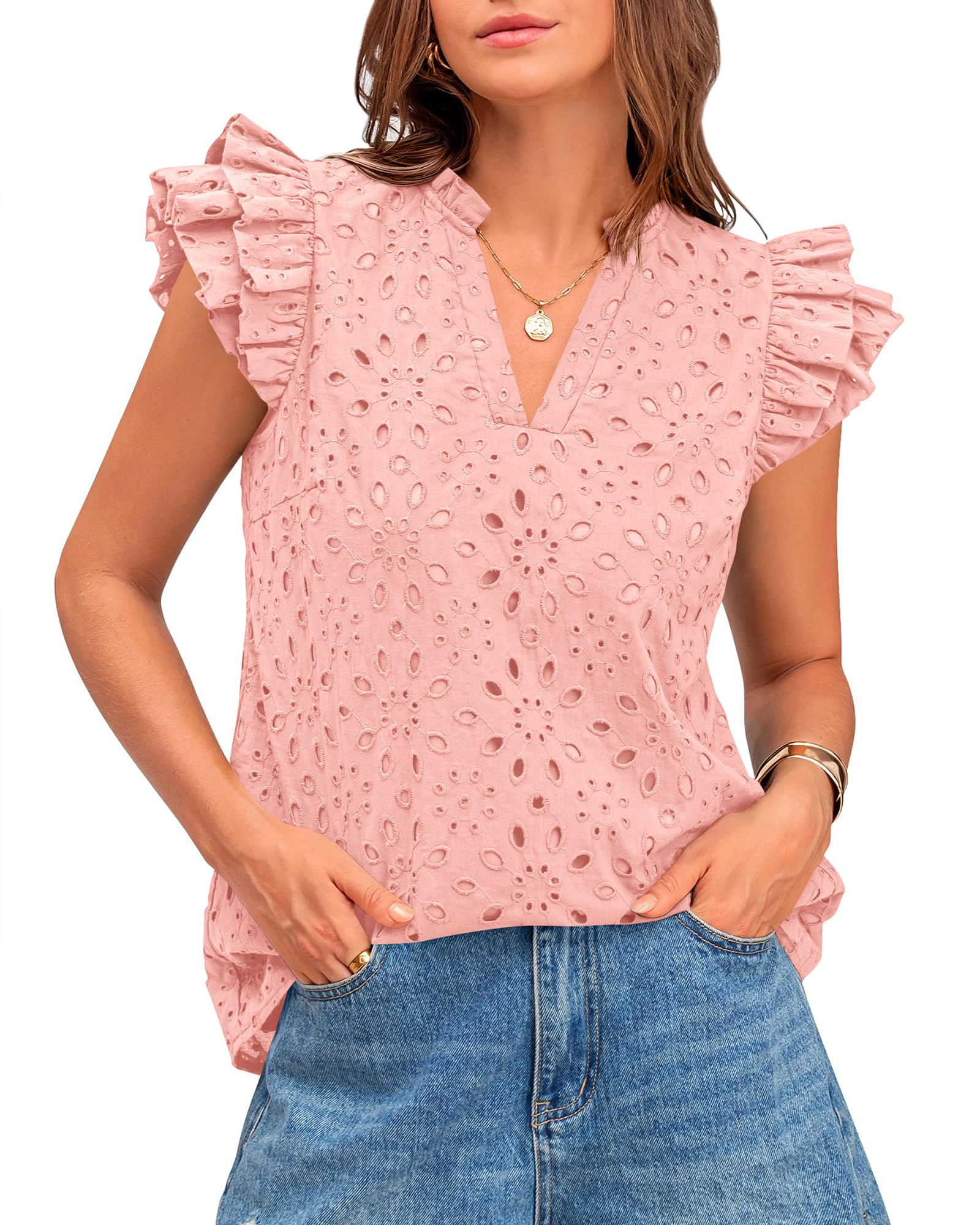 Women Summer Eyelet Tops Dressy Casual V Neck Ruffle Cap Sleeve
