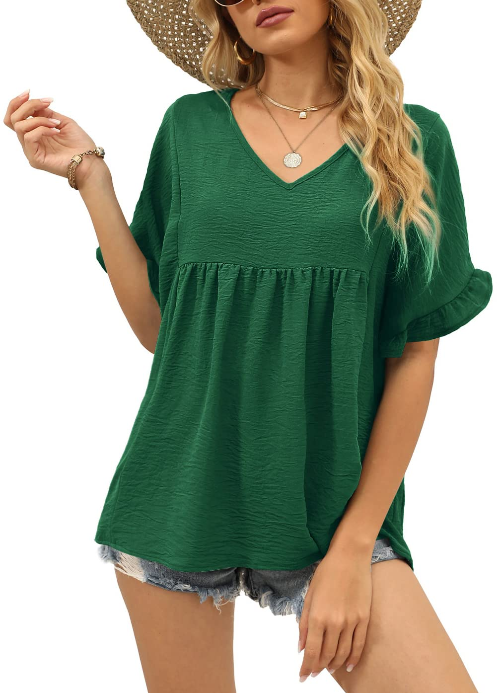 Womens Tops Casual V Neck Ruffle Sleeve T Shirts Babydoll Loose Fit Peplum Tops