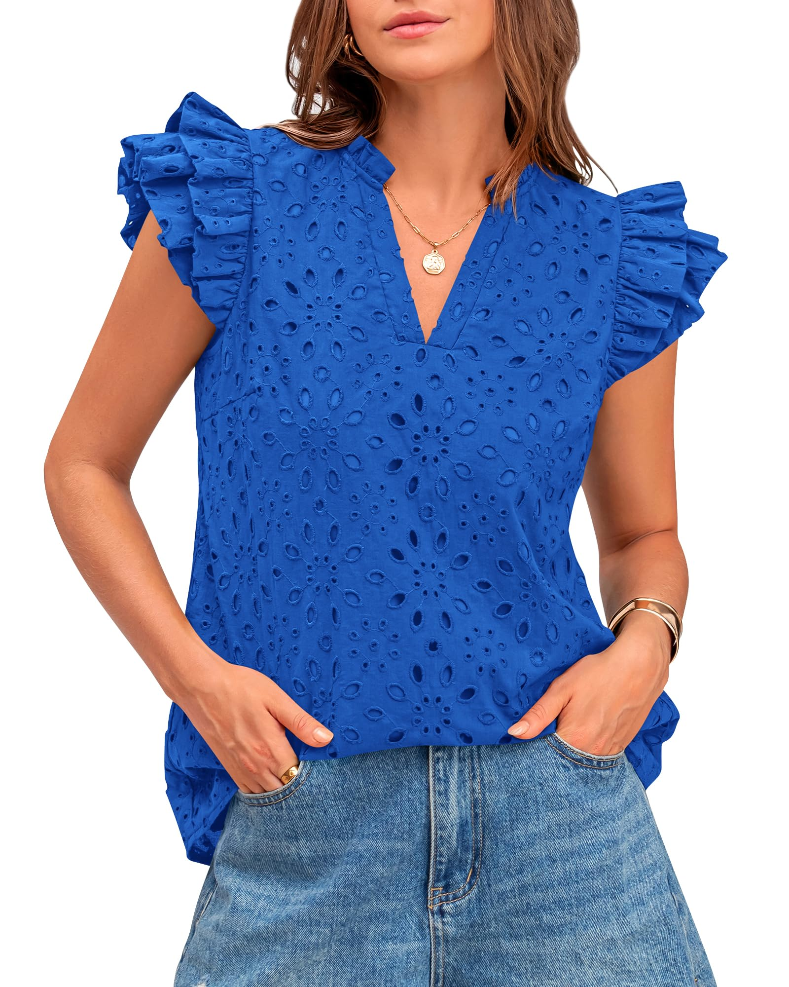 Women Summer Eyelet Tops Dressy Casual V Neck Ruffle Cap Sleeve(BUY TWO FREE SHIPPING)