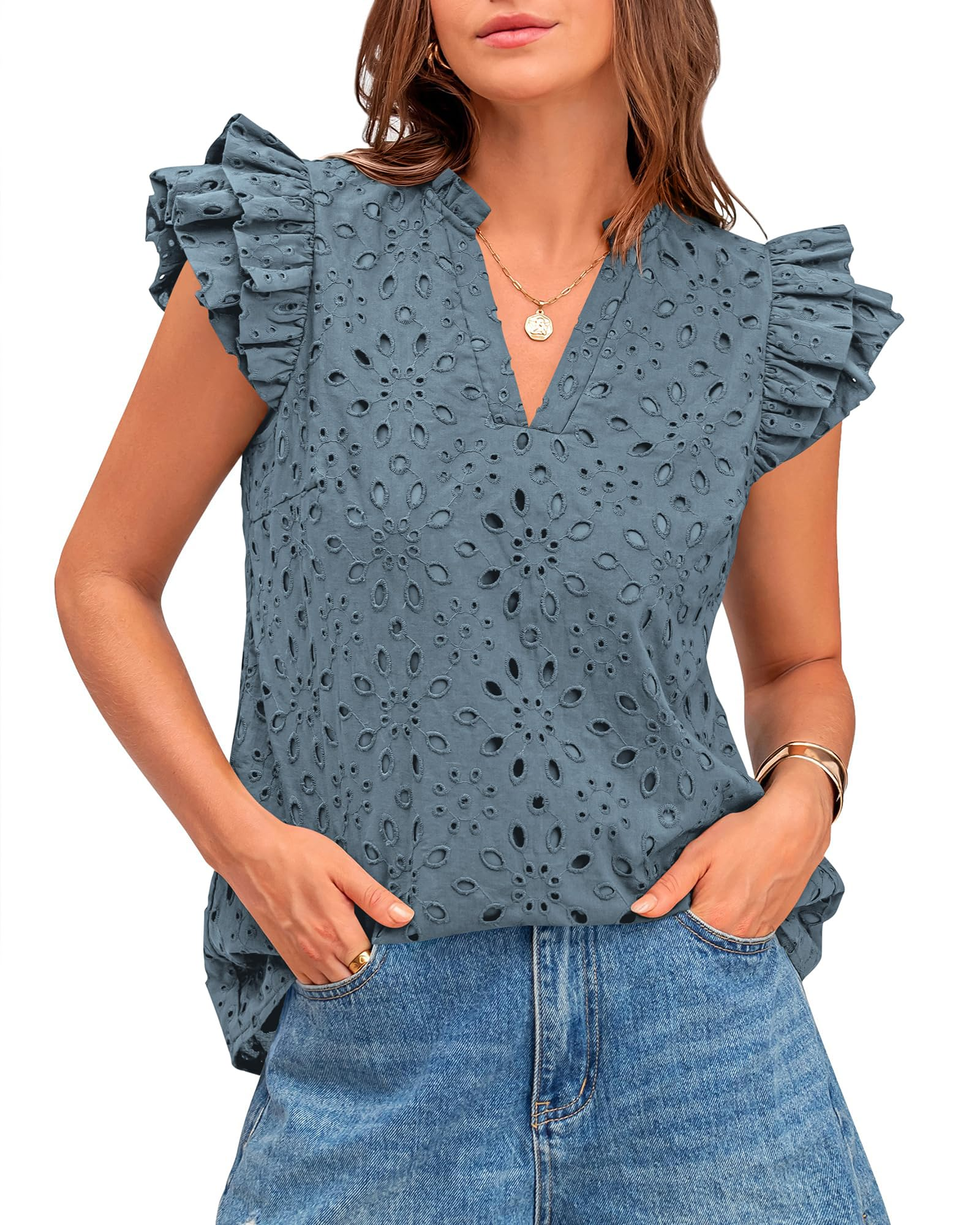 Women Summer Eyelet Tops Dressy Casual V Neck Ruffle Cap Sleeve