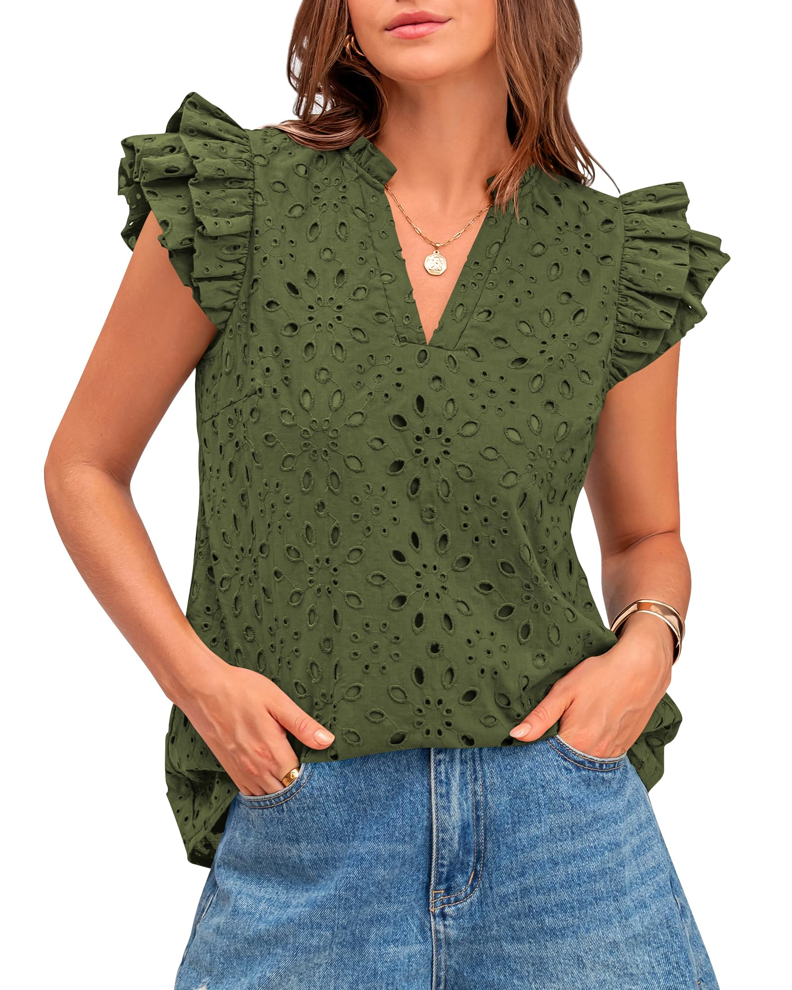 Women Summer Eyelet Tops Dressy Casual V Neck Ruffle Cap Sleeve(BUY TWO FREE SHIPPING)