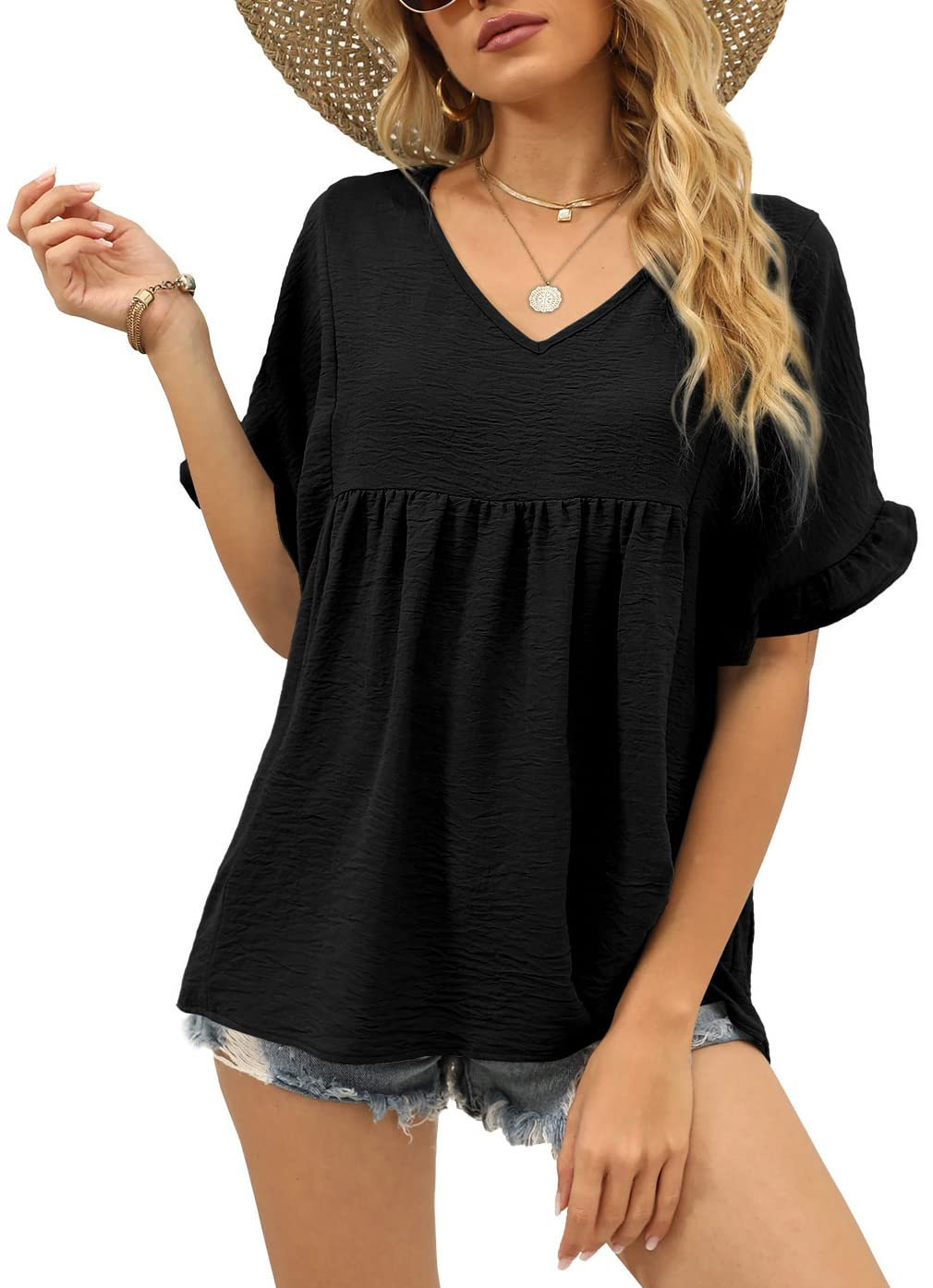 Womens Tops Casual V Neck Ruffle Sleeve T Shirts Babydoll Loose Fit Peplum Tops