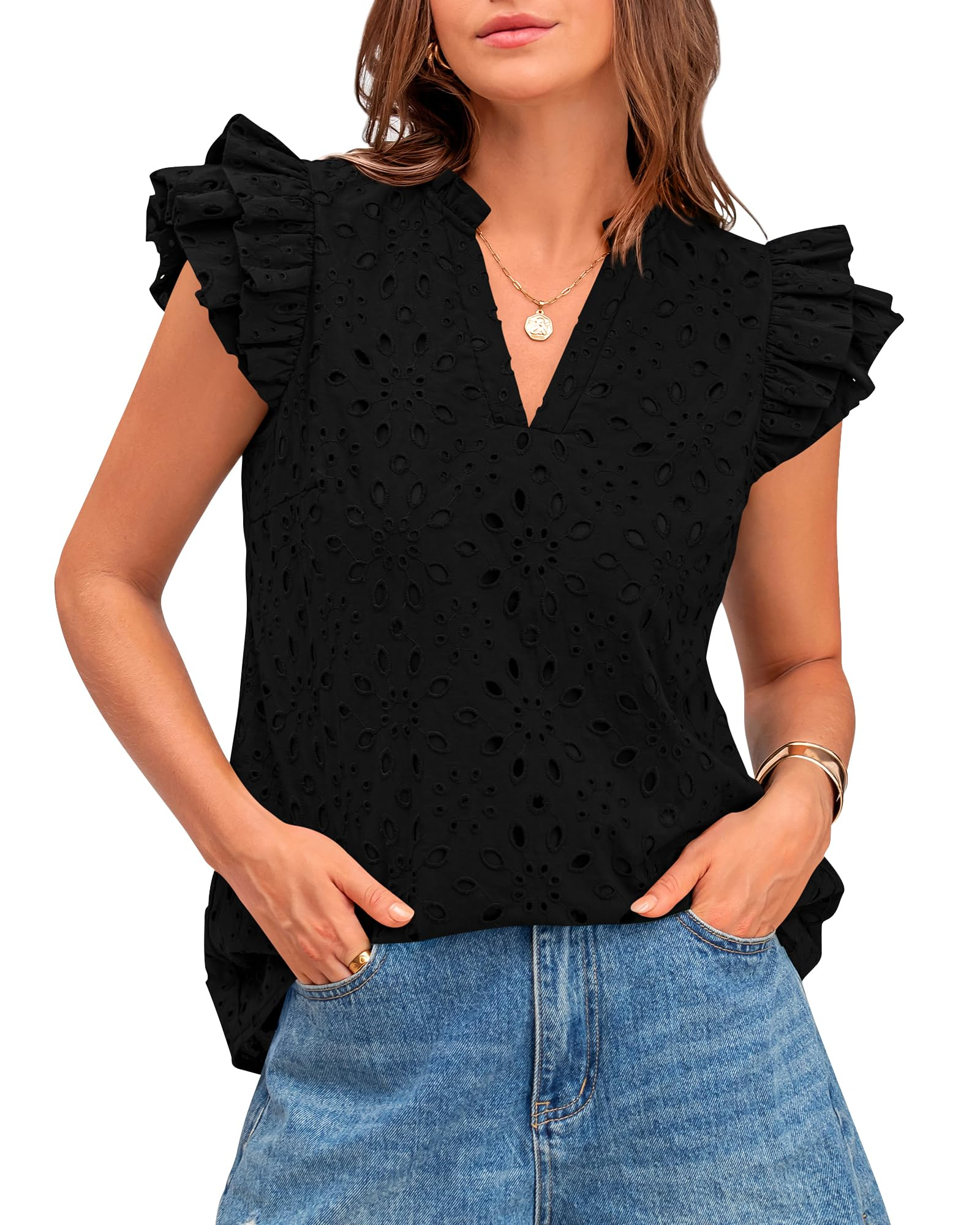 Women Summer Eyelet Tops Dressy Casual V Neck Ruffle Cap Sleeve