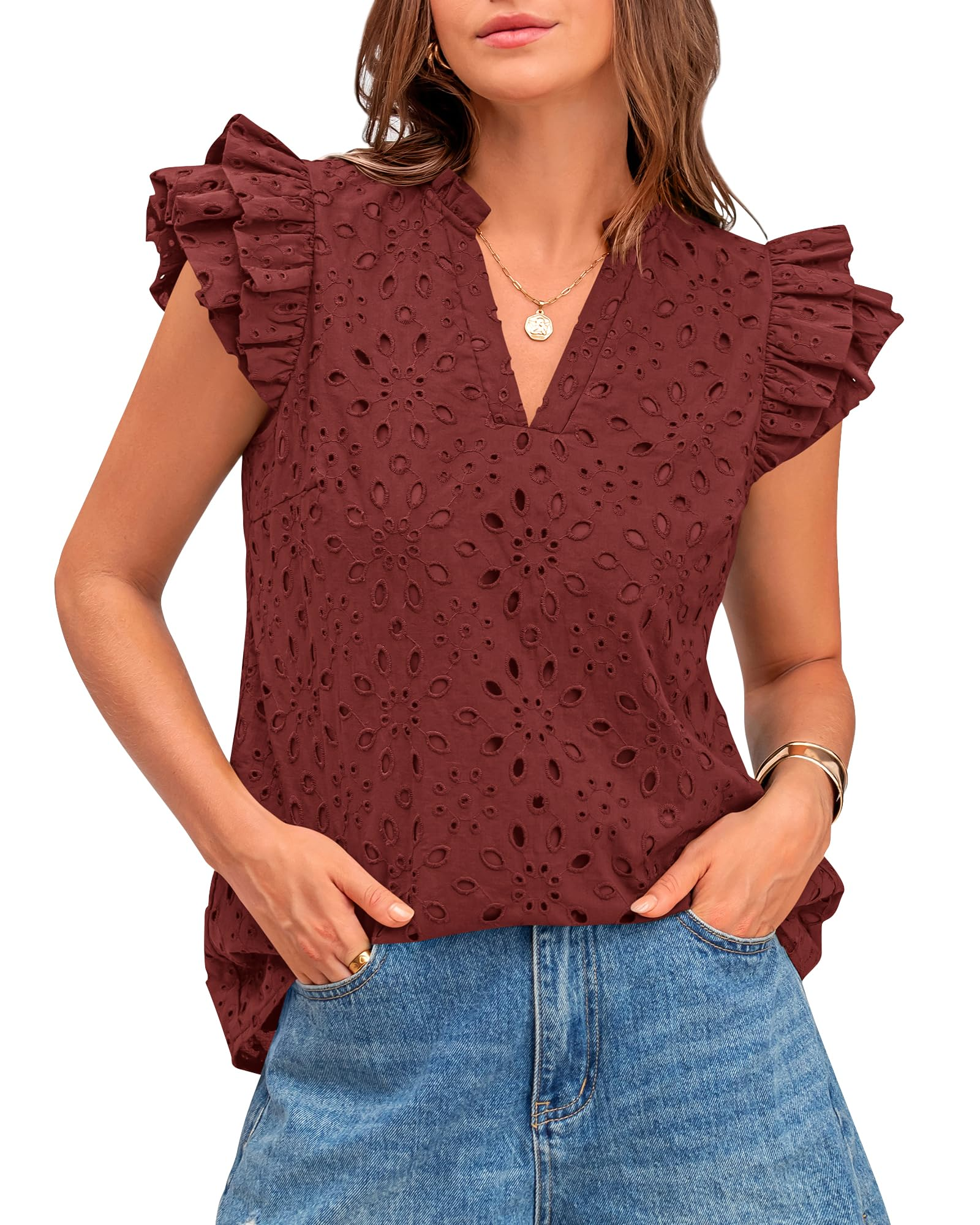 Women Summer Eyelet Tops Dressy Casual V Neck Ruffle Cap Sleeve