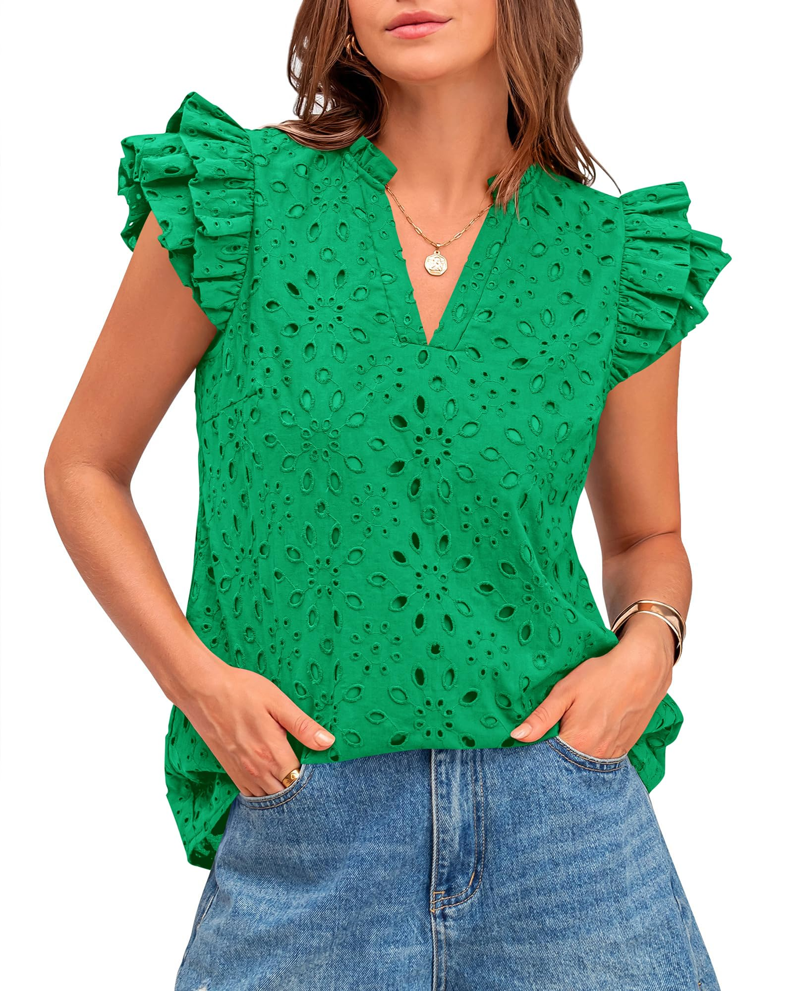 Women Summer Eyelet Tops Dressy Casual V Neck Ruffle Cap Sleeve