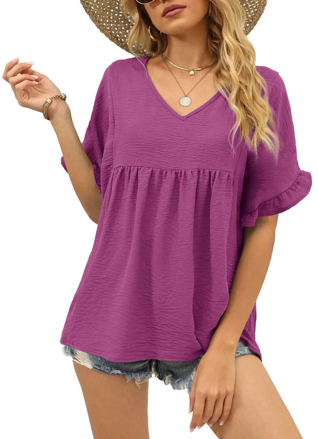 Womens Tops Casual V Neck Ruffle Sleeve T Shirts Babydoll Loose Fit Peplum Tops