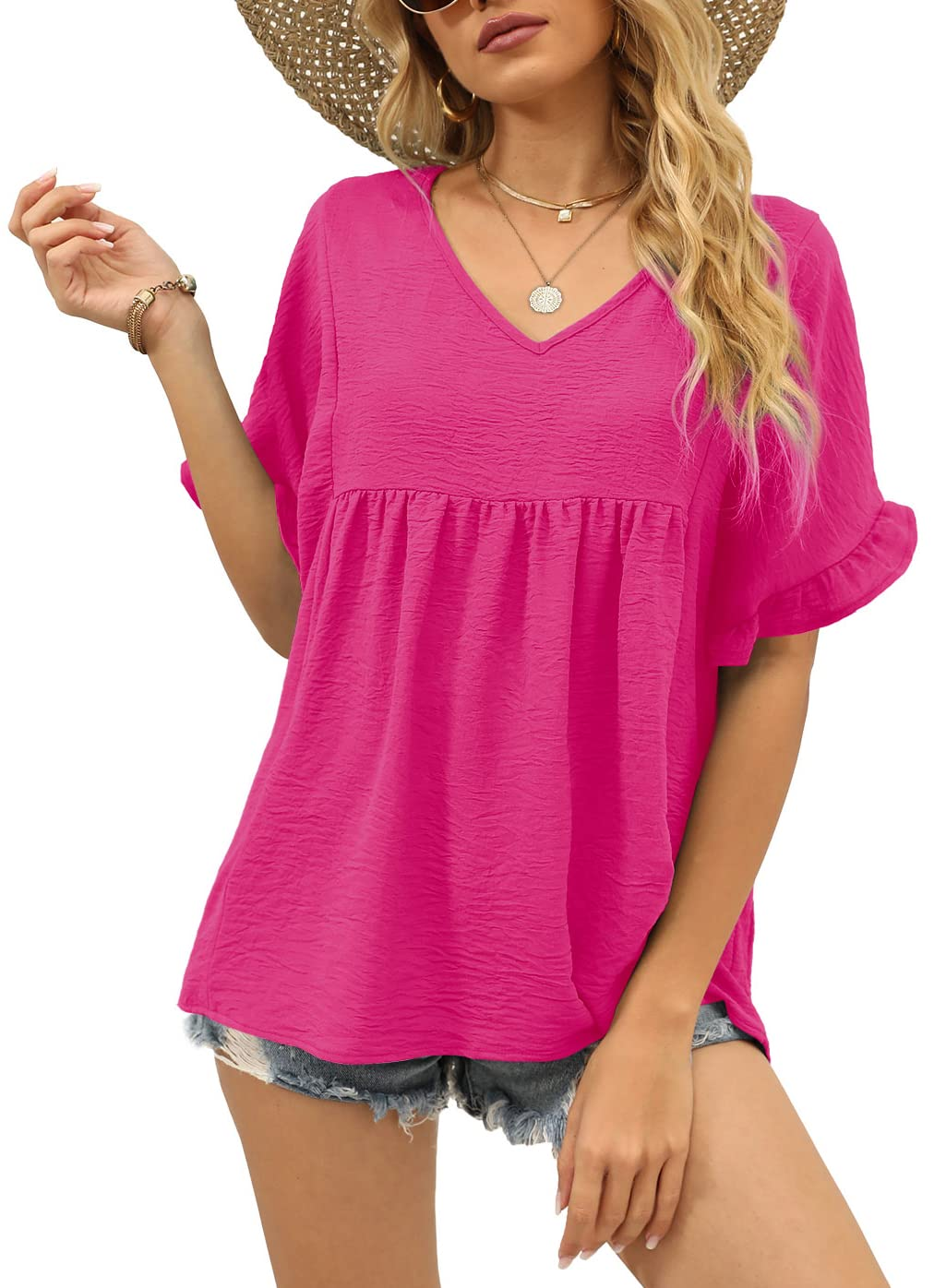 Womens Tops Casual V Neck Ruffle Sleeve T Shirts Babydoll Loose Fit Peplum Tops