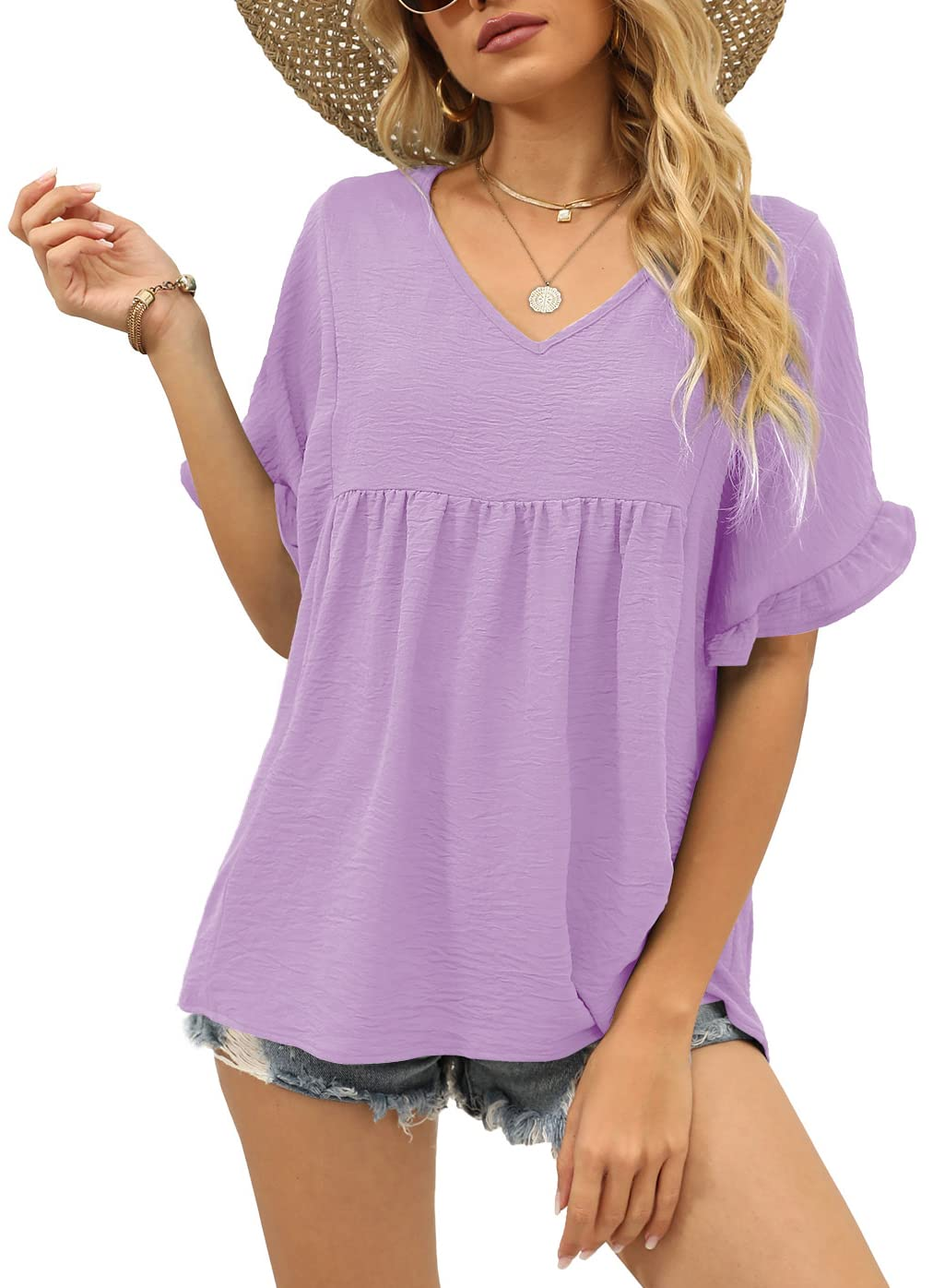 Womens Tops Casual V Neck Ruffle Sleeve T Shirts Babydoll Loose Fit Peplum Tops