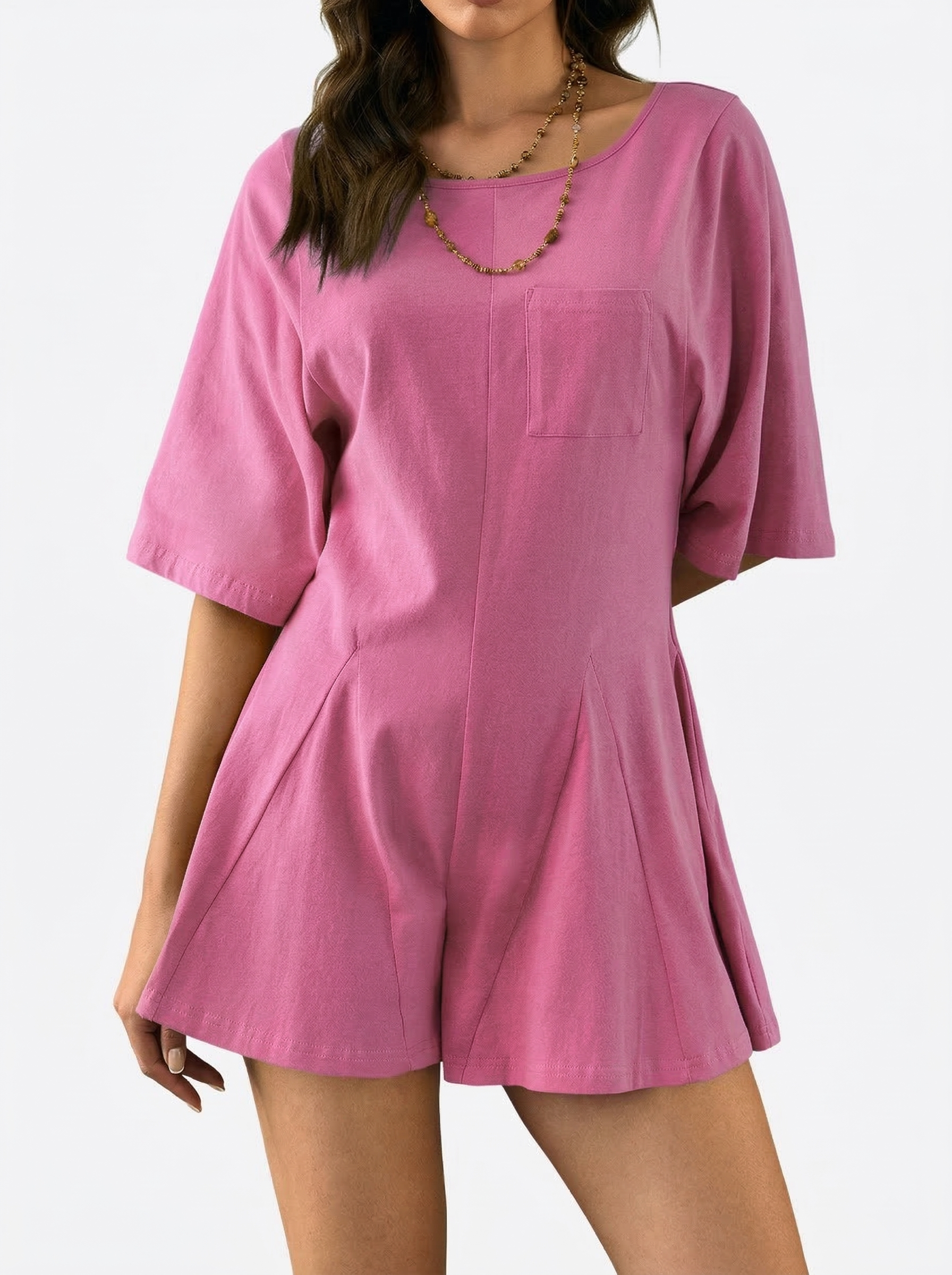  Women's Slim Fit Short Sleeve Crew Neck Rompers with Pocket