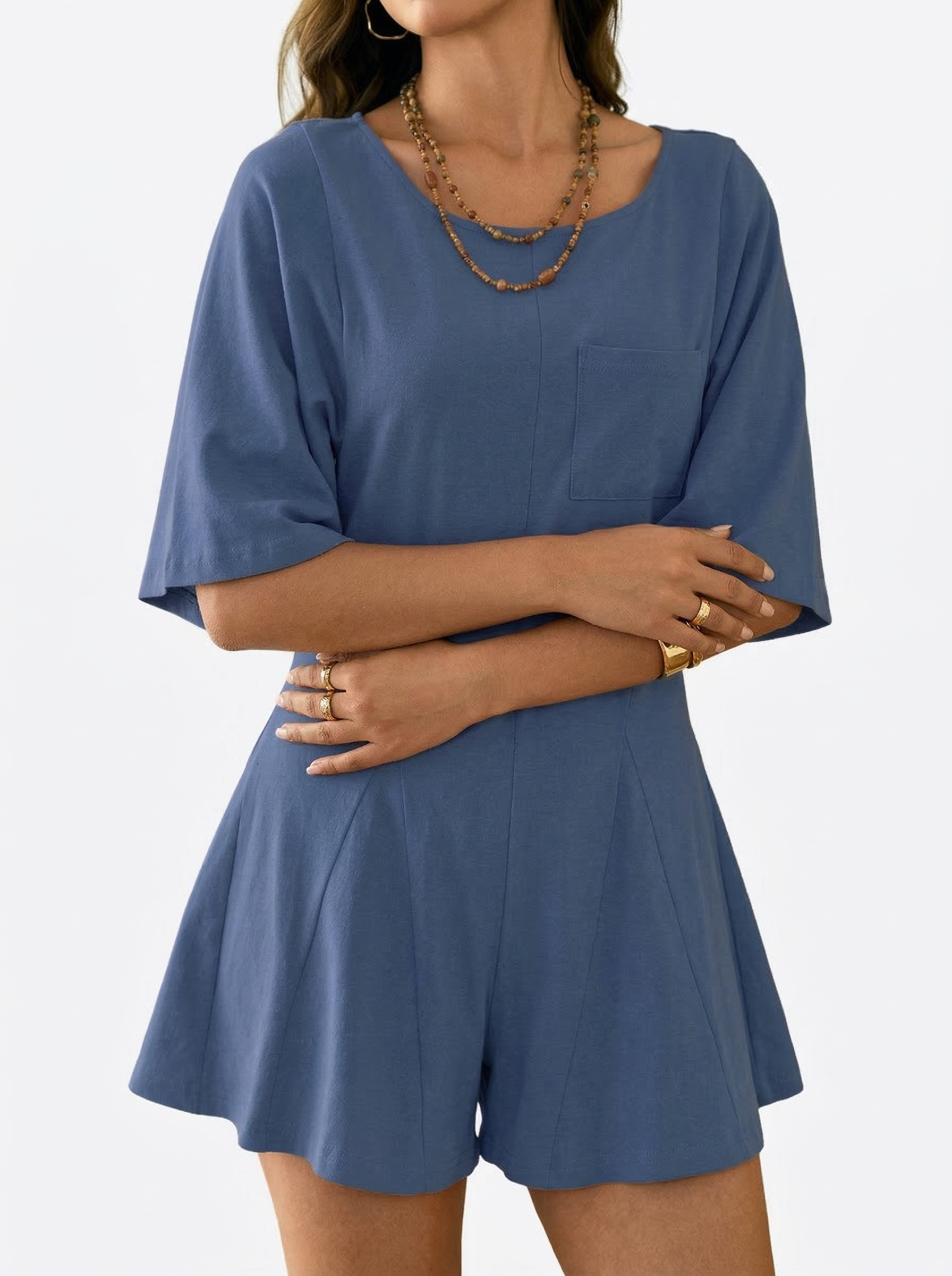  Women's Slim Fit Short Sleeve Crew Neck Rompers with Pocket