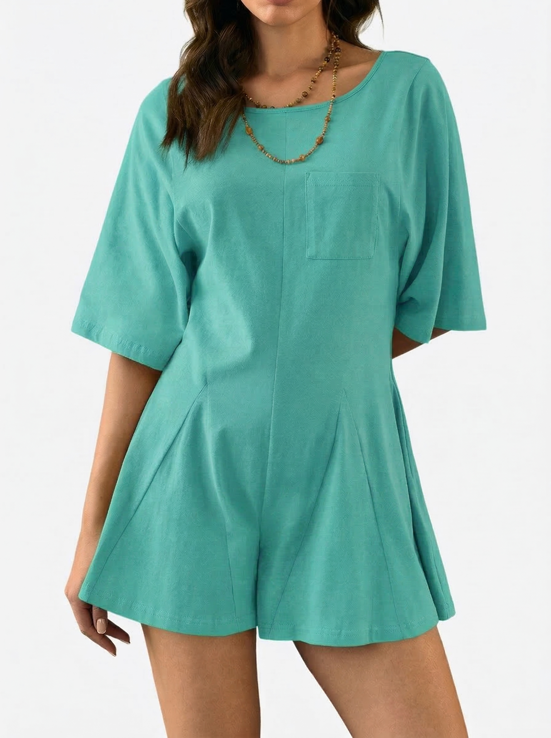  Women's Slim Fit Short Sleeve Crew Neck Rompers with Pocket