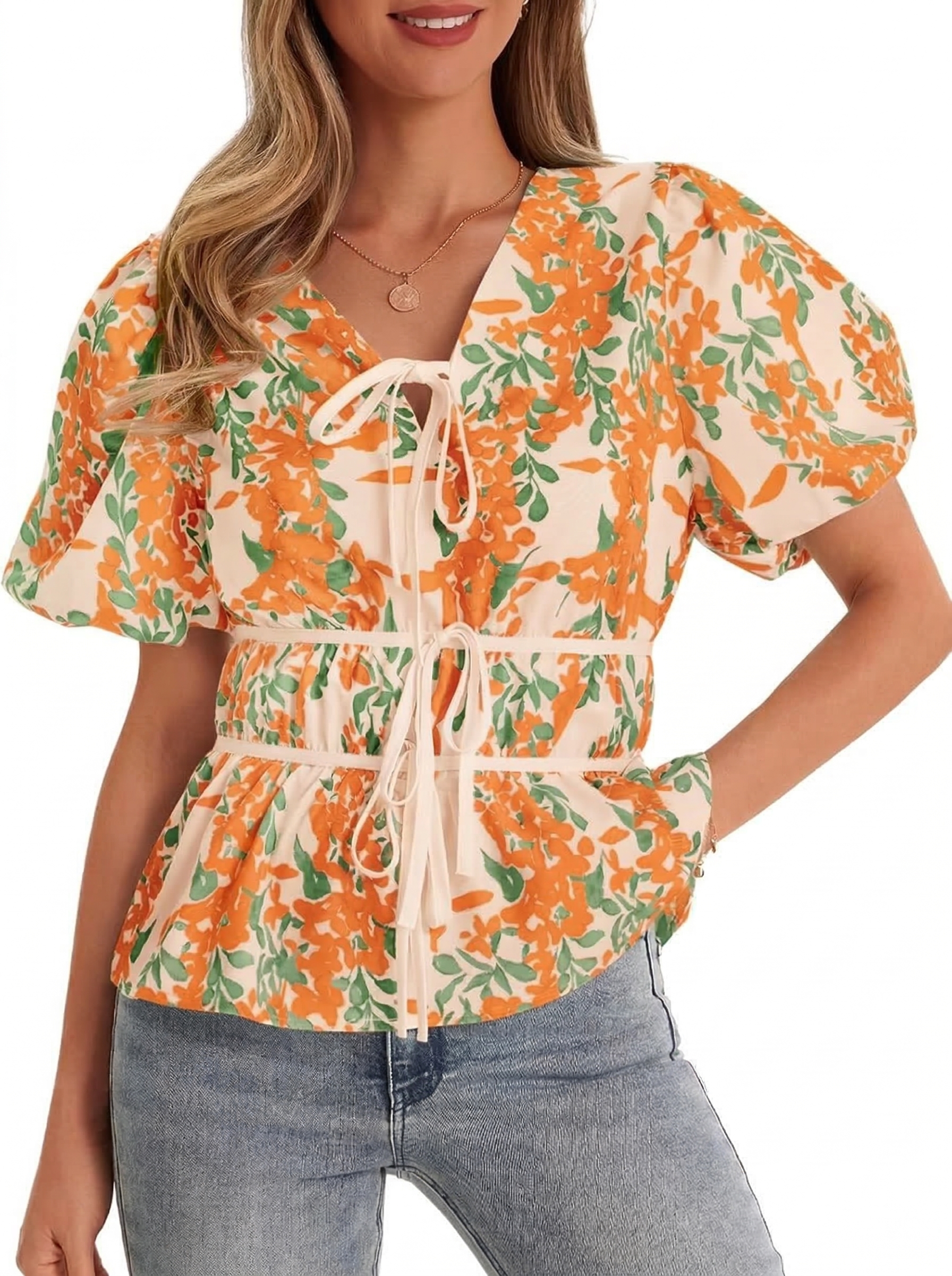 Women's Puff Sleeve Tie V Neck Print Shirts