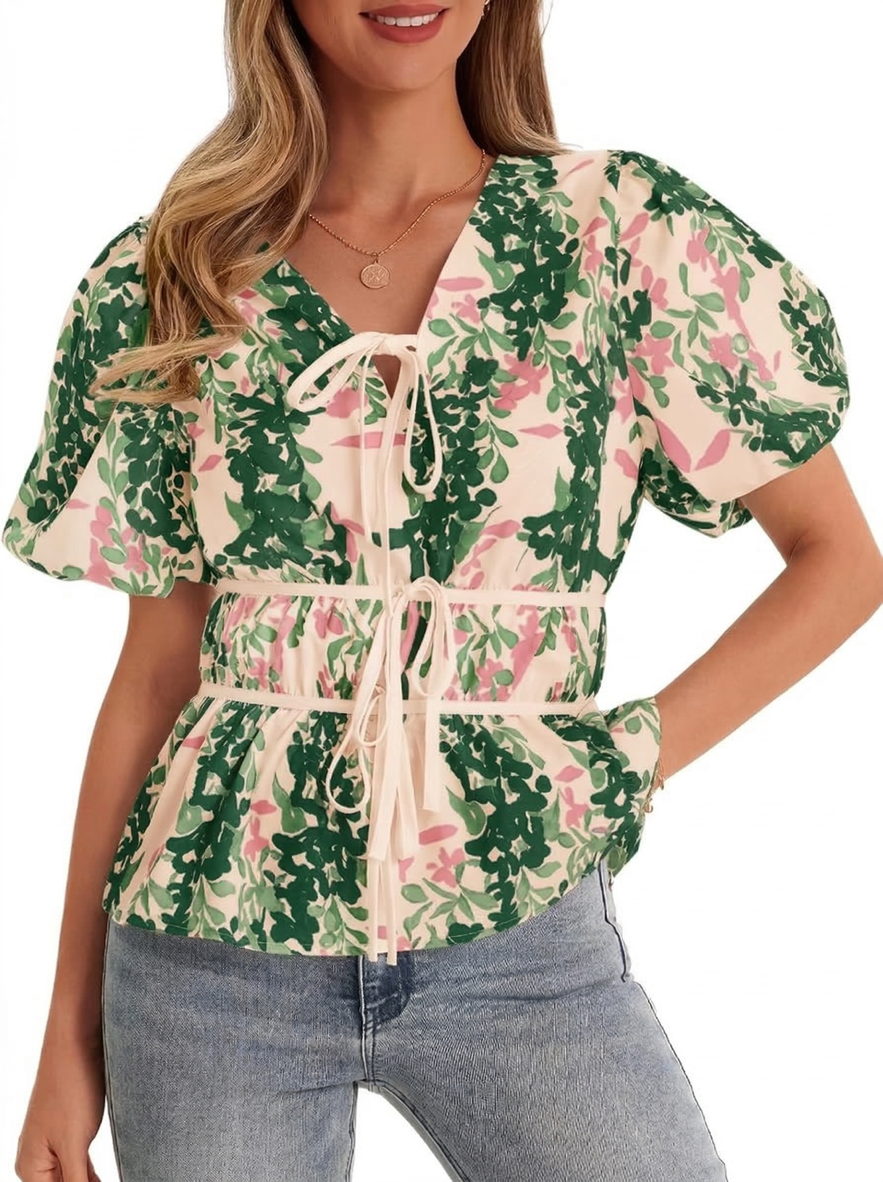 Women's Puff Sleeve Tie V Neck Print Shirts