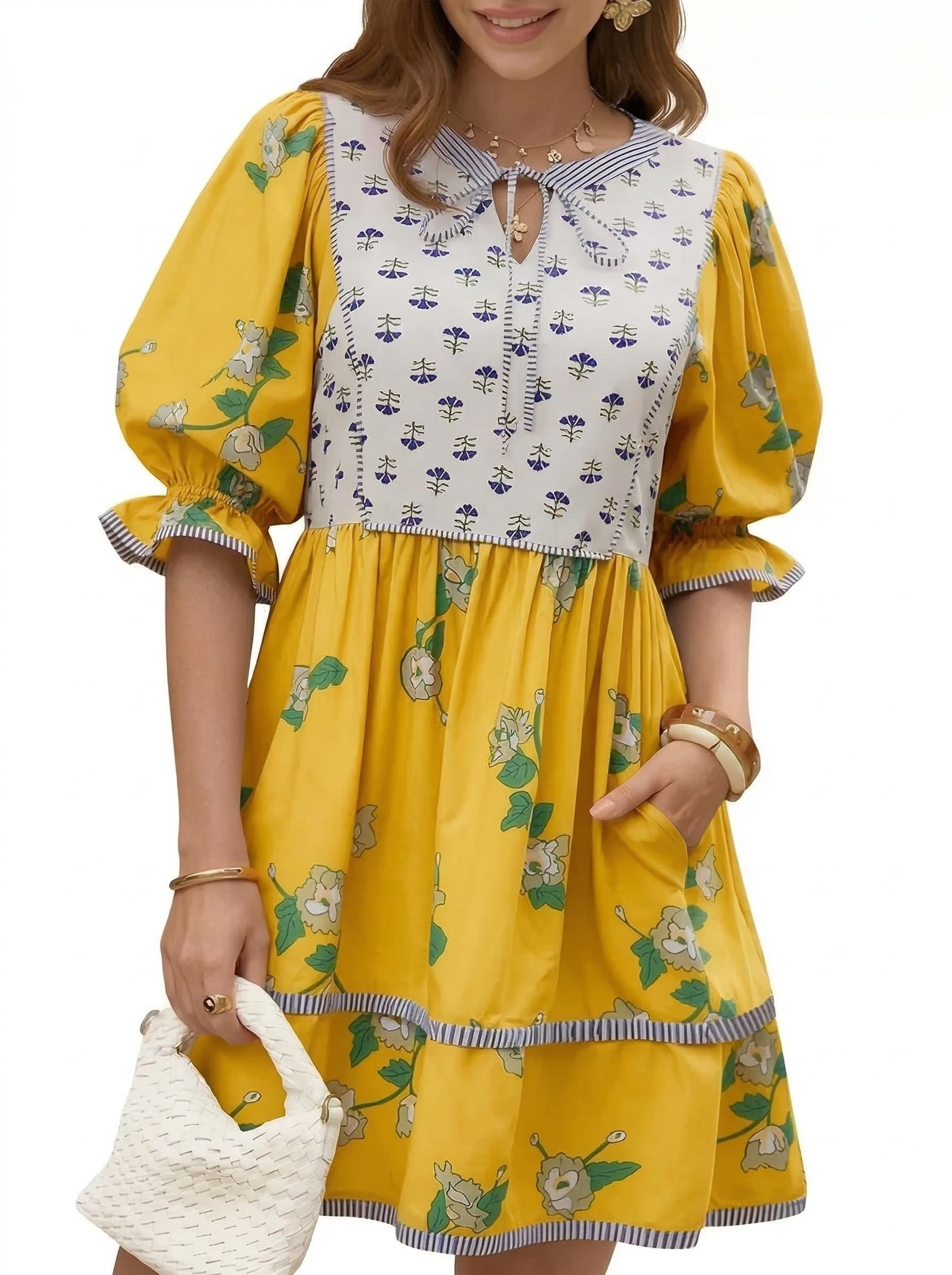 🌷Women's Casual Floral Puff Short Sleeve Tie Front V Neck Patchwork Loose Boho Shirt Dresses