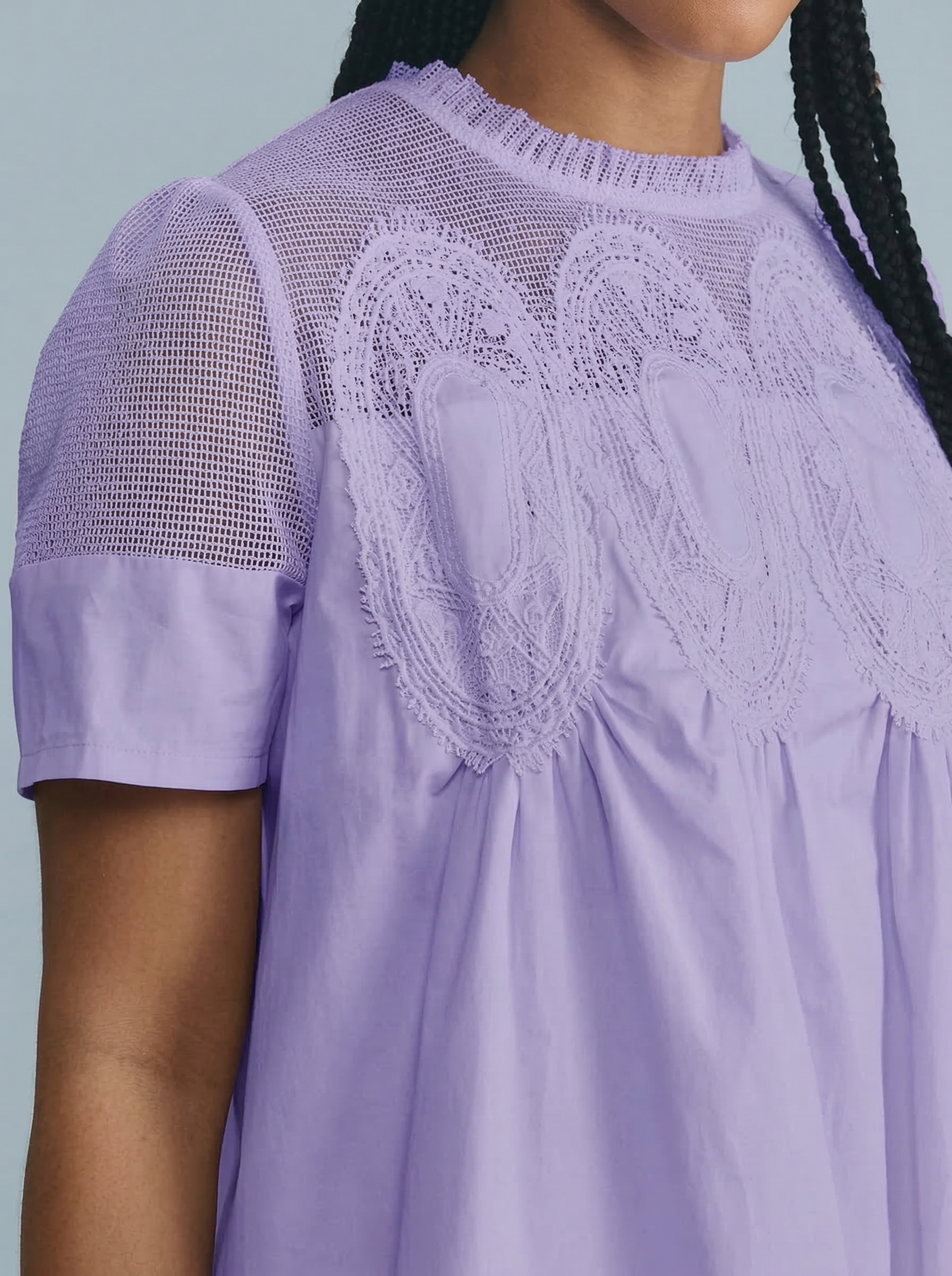 🎀Women's Lace Short Sleeve Crewneck Sheer Mesh Casual Loose Ruffle Babydoll Dresses