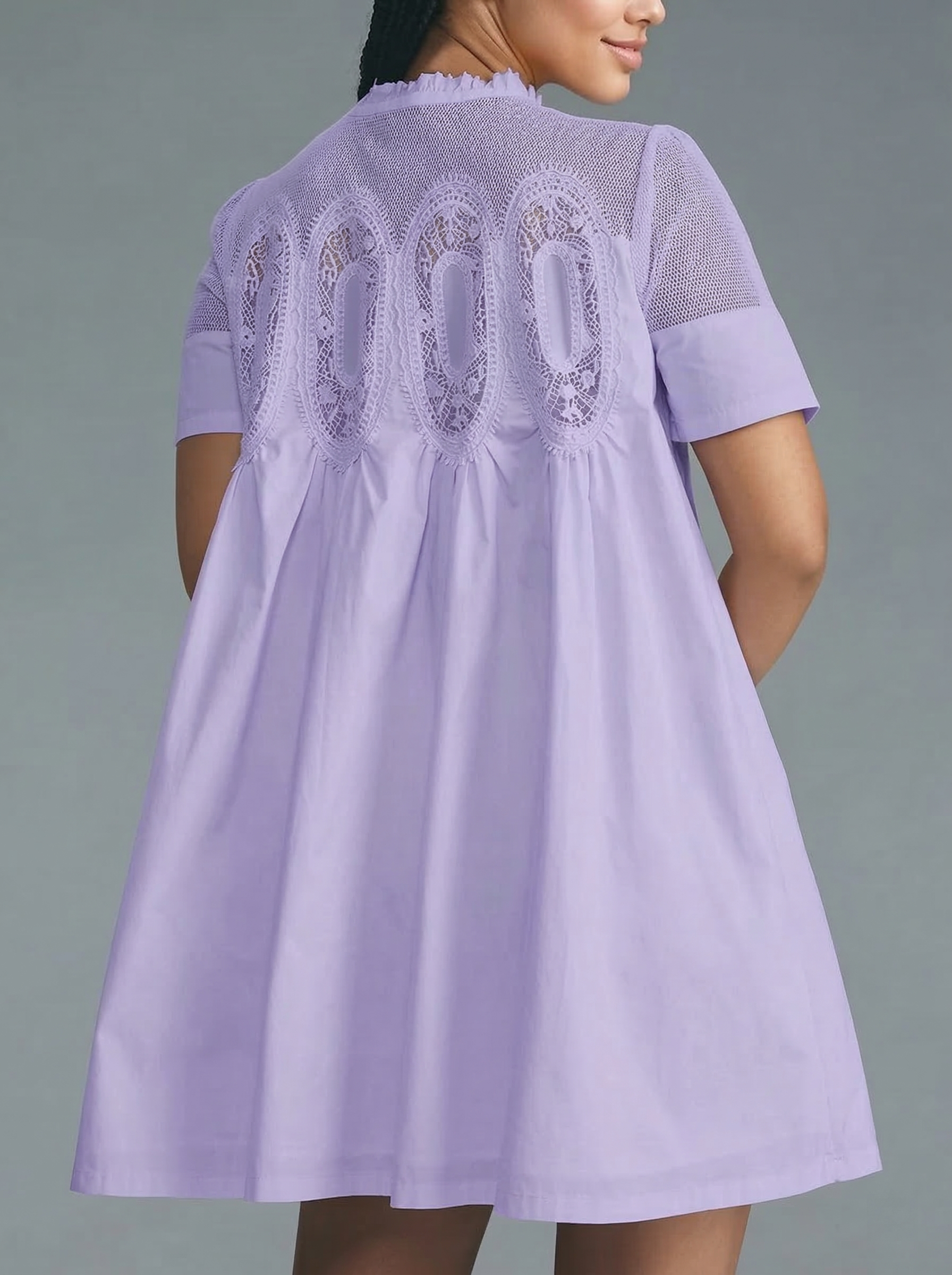 🎀Women's Lace Short Sleeve Crewneck Sheer Mesh Casual Loose Ruffle Babydoll Dresses