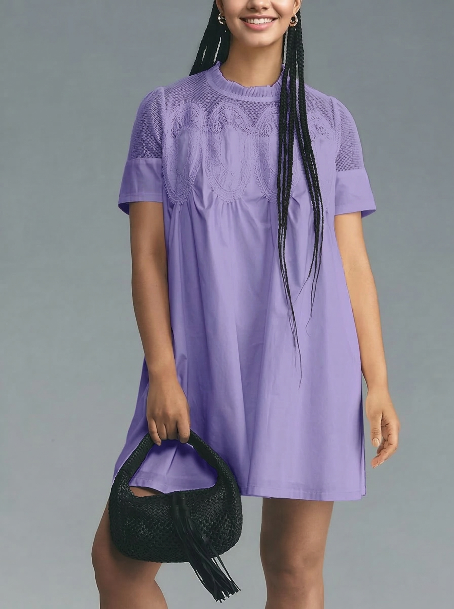 🎀Women's Lace Short Sleeve Crewneck Sheer Mesh Casual Loose Ruffle Babydoll Dresses