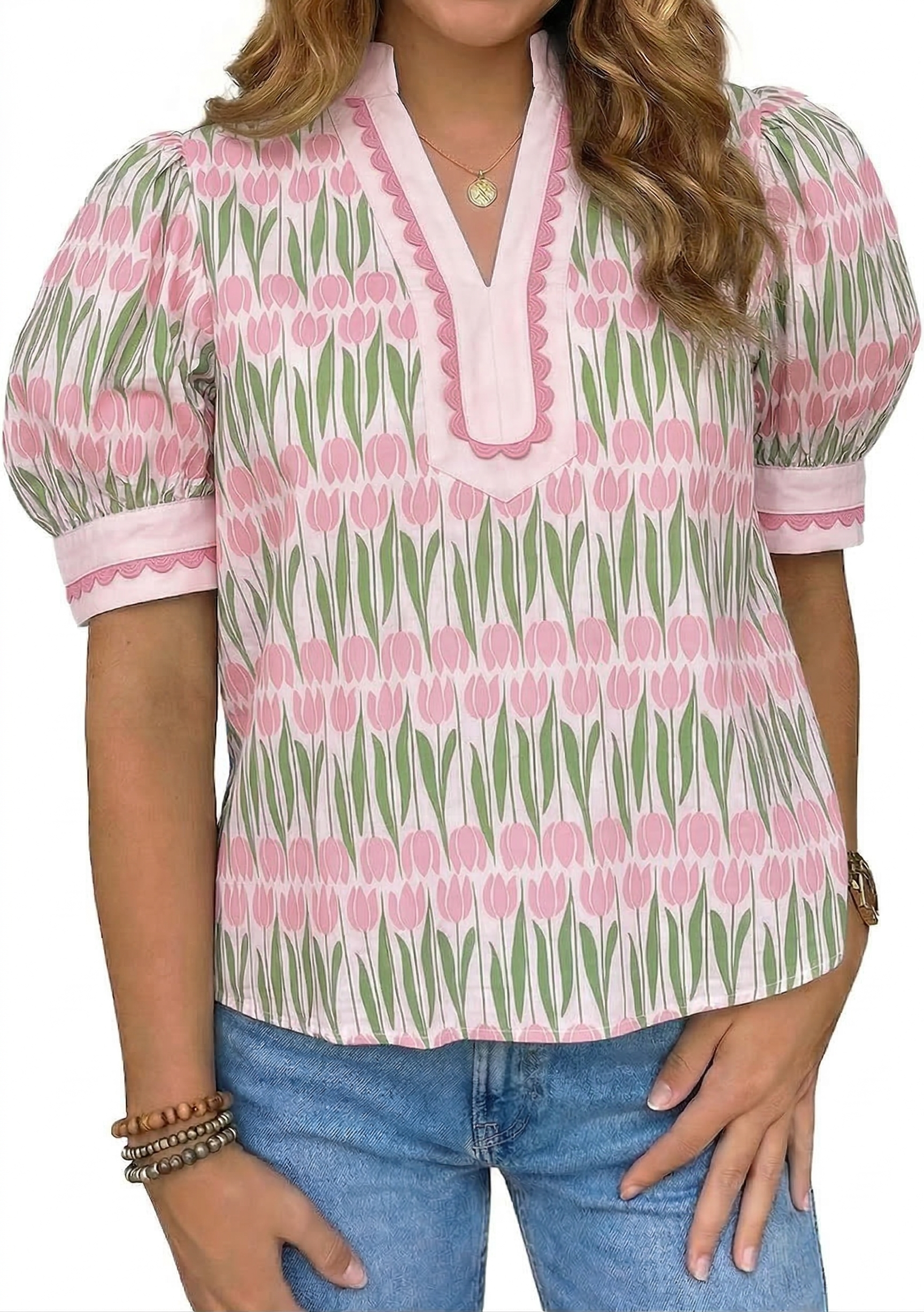 🌷Women's Puff Sleeve Floral Dressy Casual V Neck Loose Fit Blouse Tops