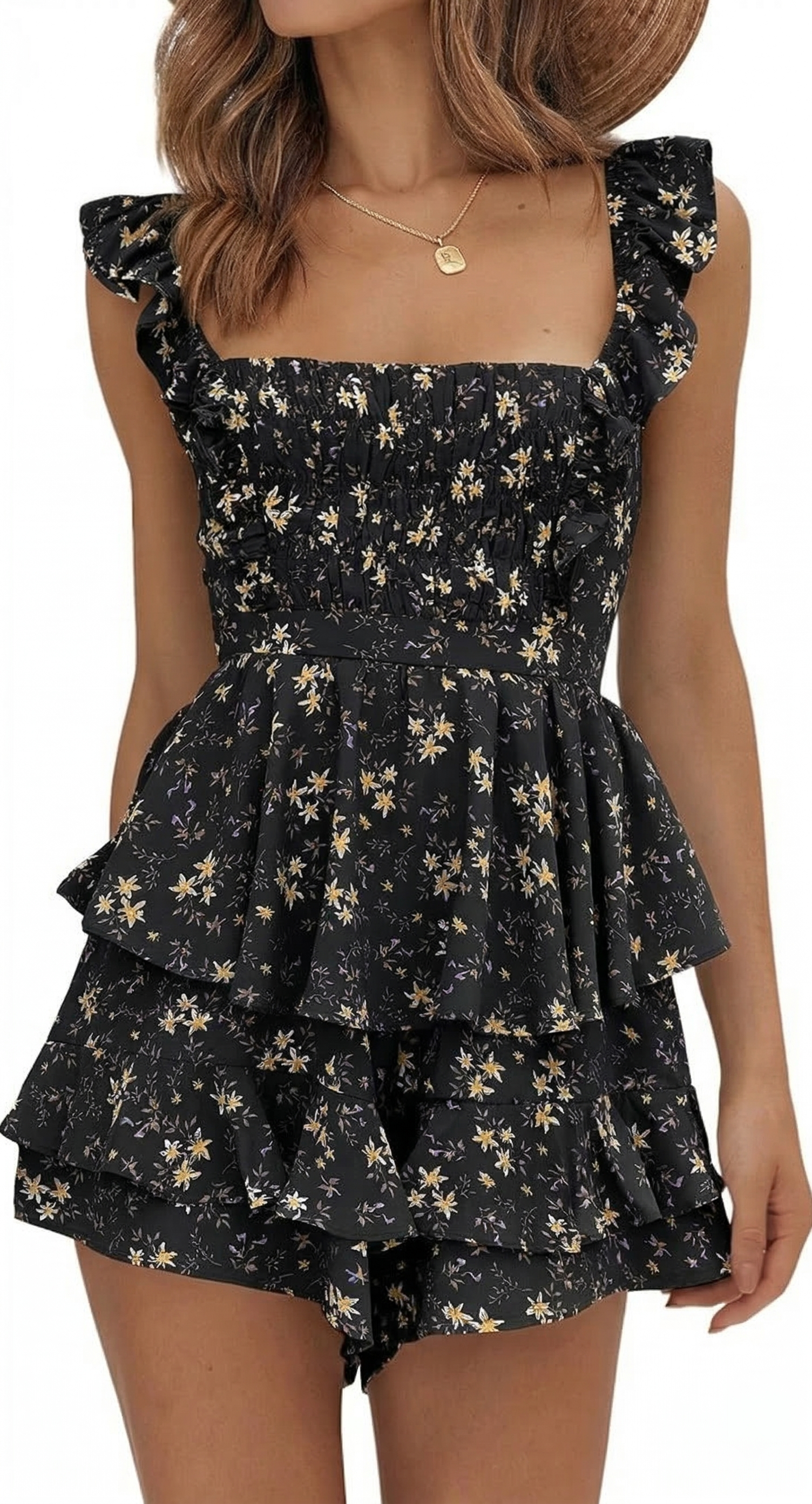 🌼Women's Floral Square Neck Ruffle Strap Layer Hem Shorts Jumpsuits