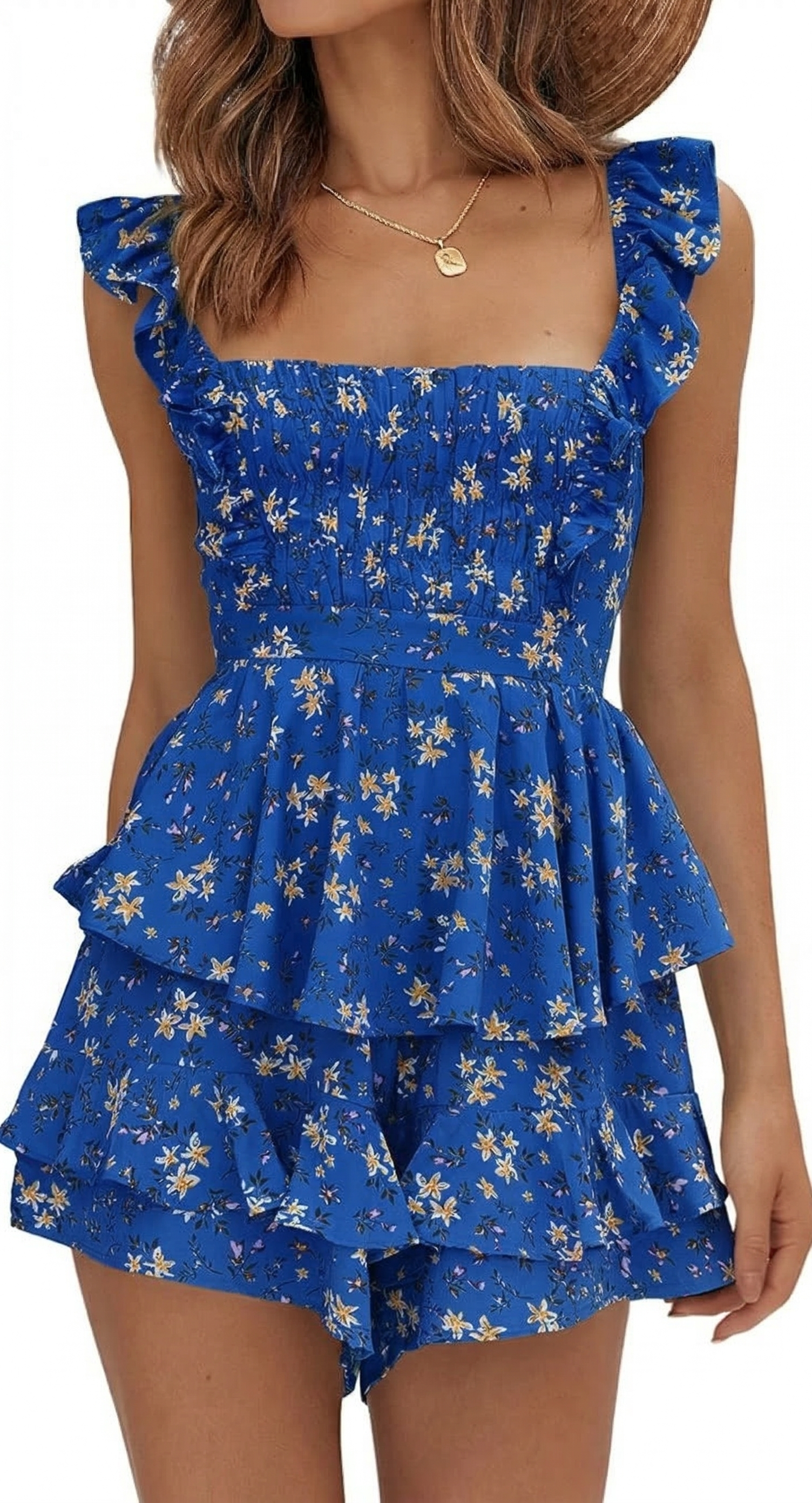 🌼Women's Floral Square Neck Ruffle Strap Layer Hem Shorts Jumpsuits