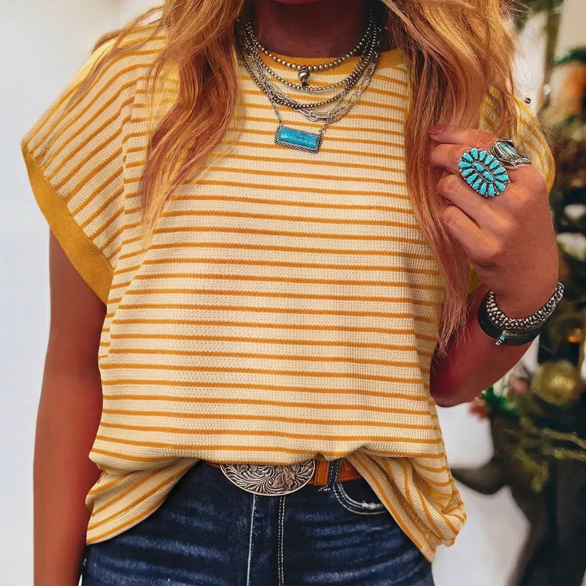 ✨Women's Striped Ribbed Knitted Drop Shoulder Round Neck T-Shirt