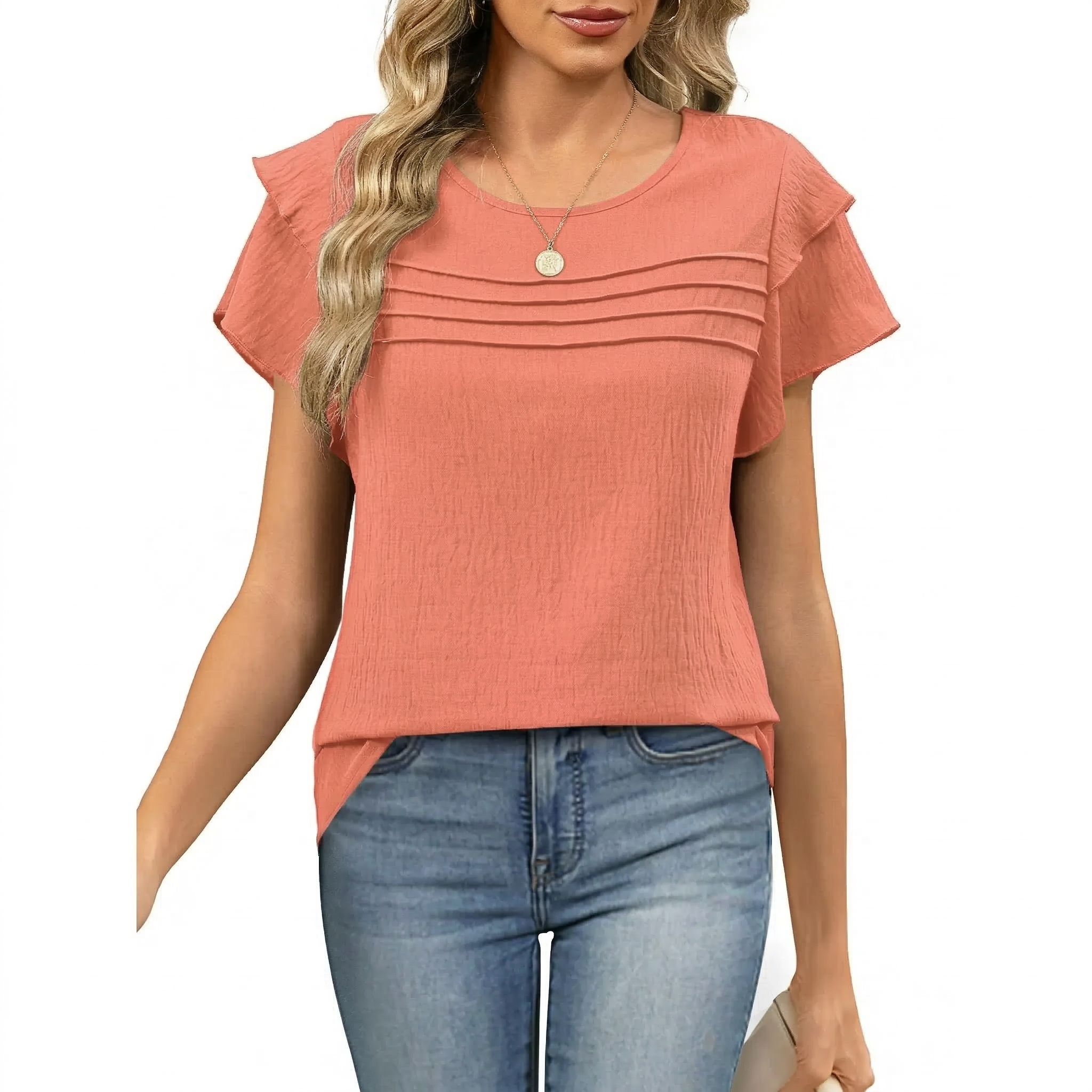 ✨Women's Summer Ruffle Short Sleeve Crew Neck Pleated Front Tops 