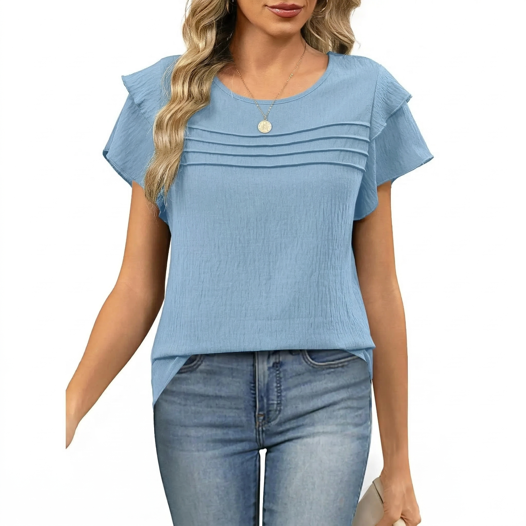 ✨Women's Summer Ruffle Short Sleeve Crew Neck Pleated Front Tops 
