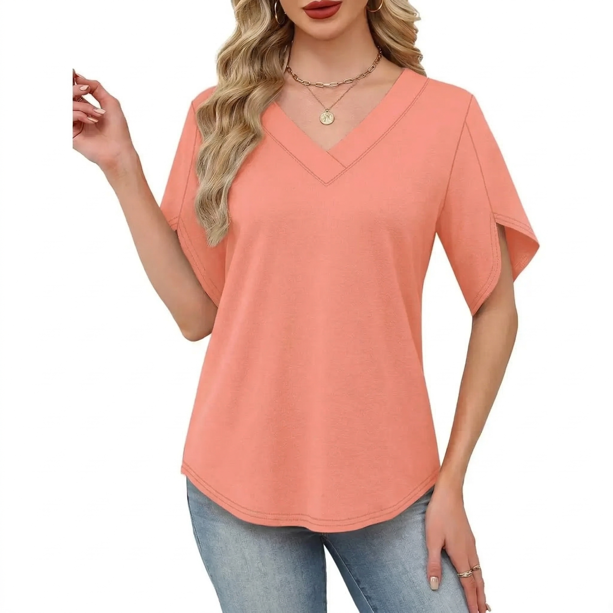 ✨Women's Summer Short Petal Sleeve Fashion V Neck Outfits Tops