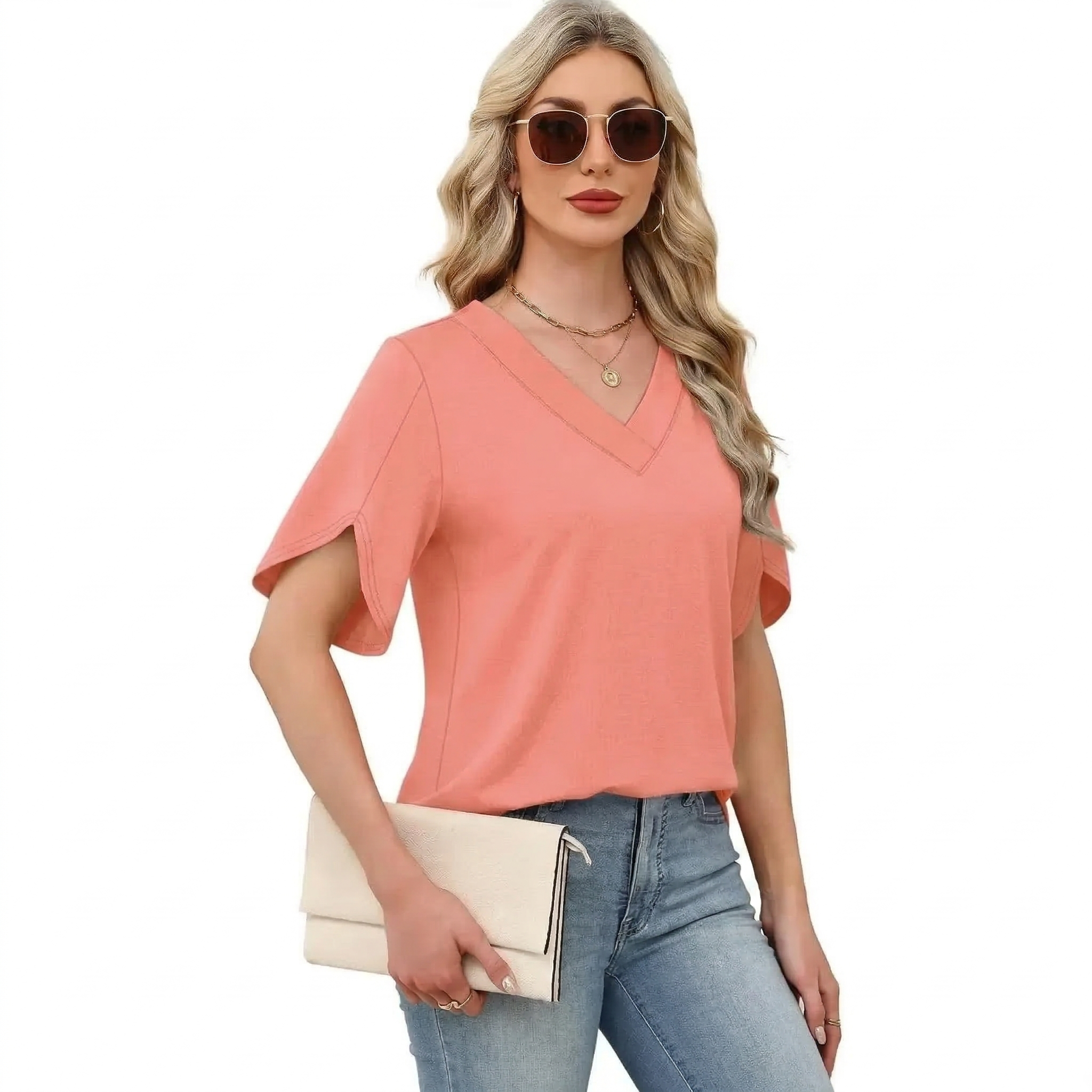 ✨Women's Summer Short Petal Sleeve Fashion V Neck Outfits Tops
