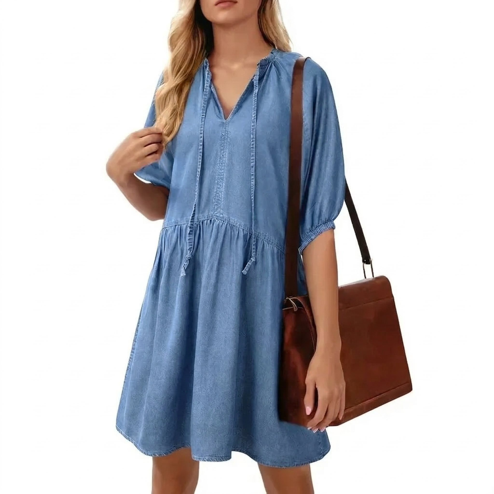 🔥Women Casual Puff Short Sleeve V Neck Babydoll Denim Dress
