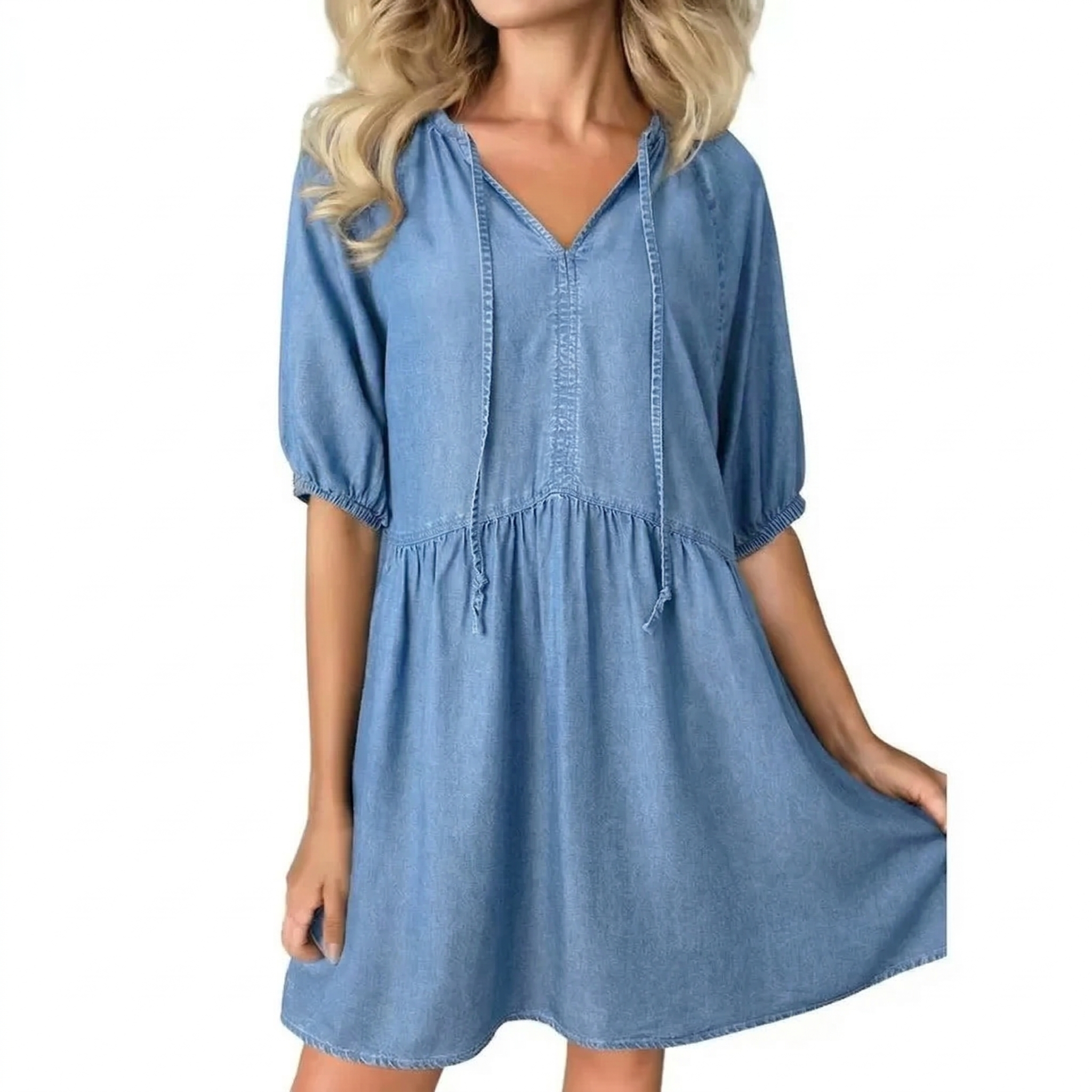 🔥Women Casual Puff Short Sleeve V Neck Babydoll Denim Dress