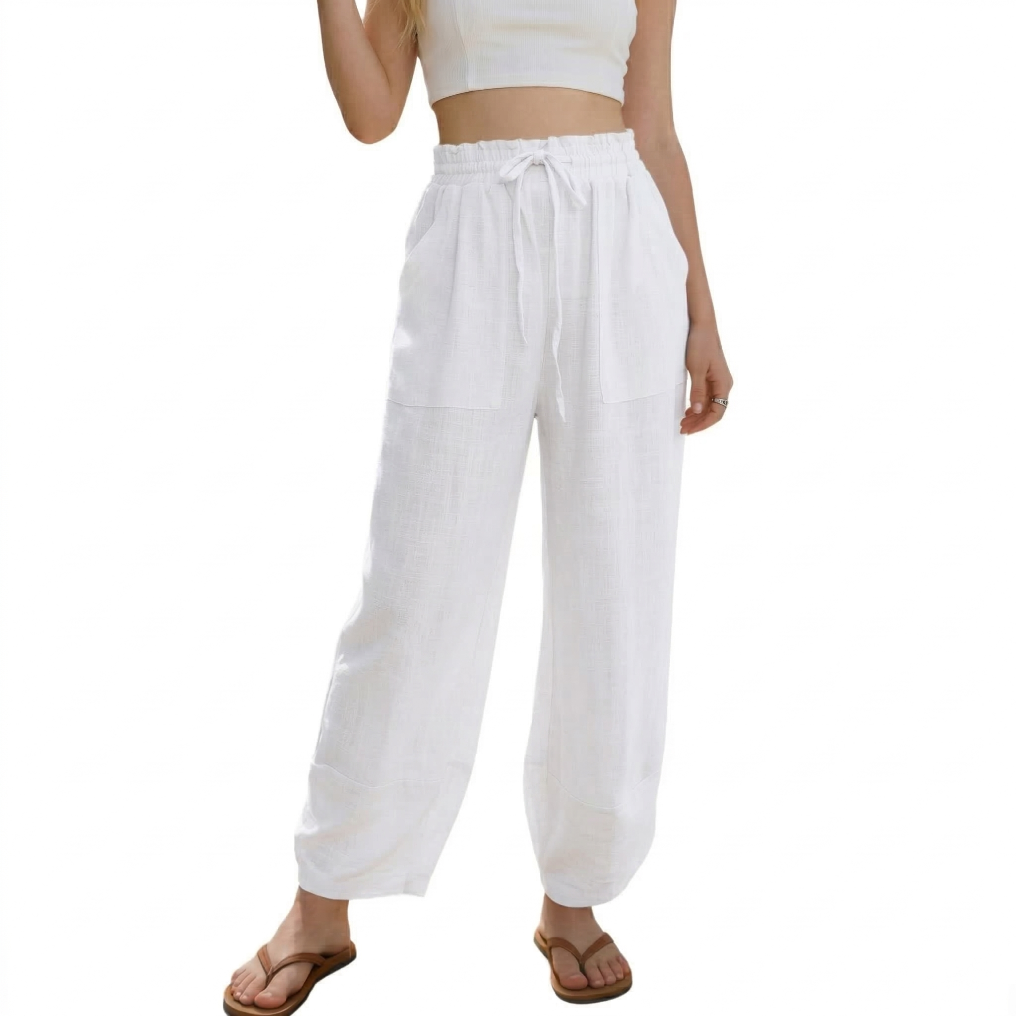 🔥Women's Linen Loose Casual Capri Pants Elastic Waistband with Pockets