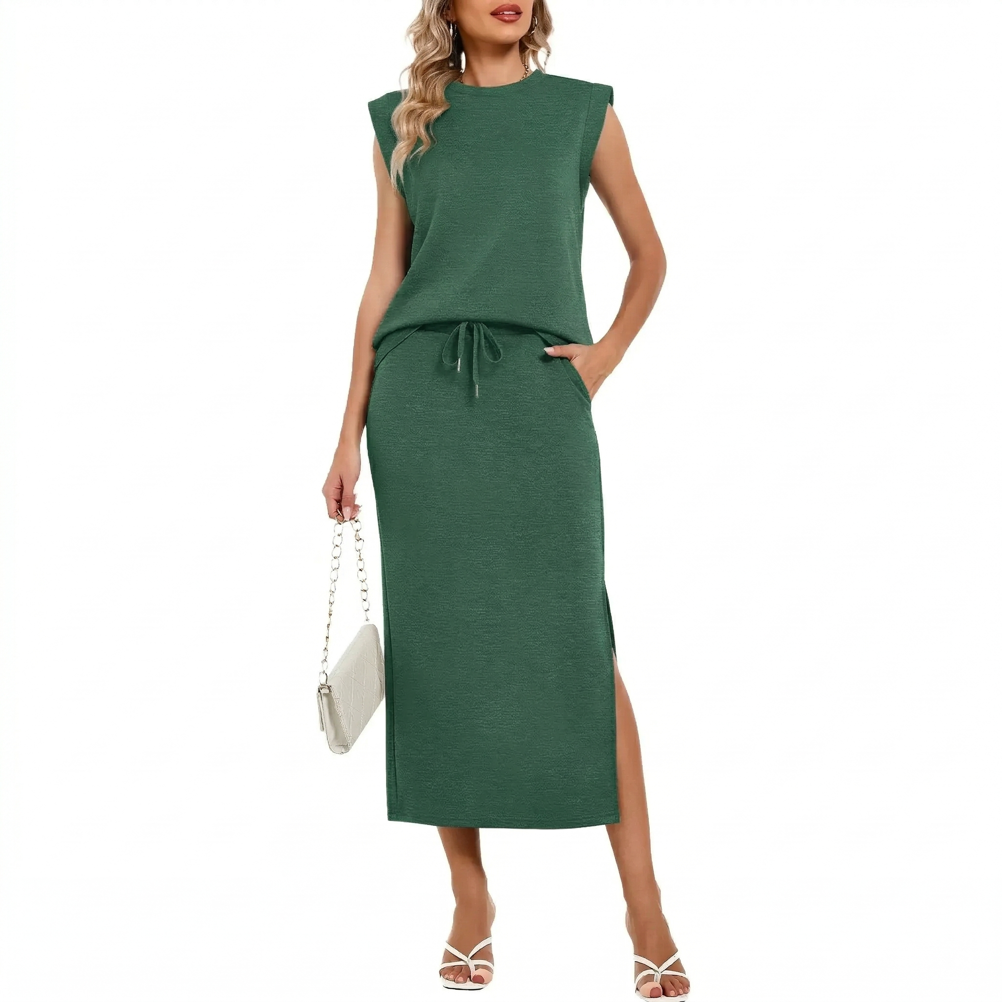 ✨Women's Cap Sleeve Top Drawstring Midi Skirts with Pockets Two Piece Sets 