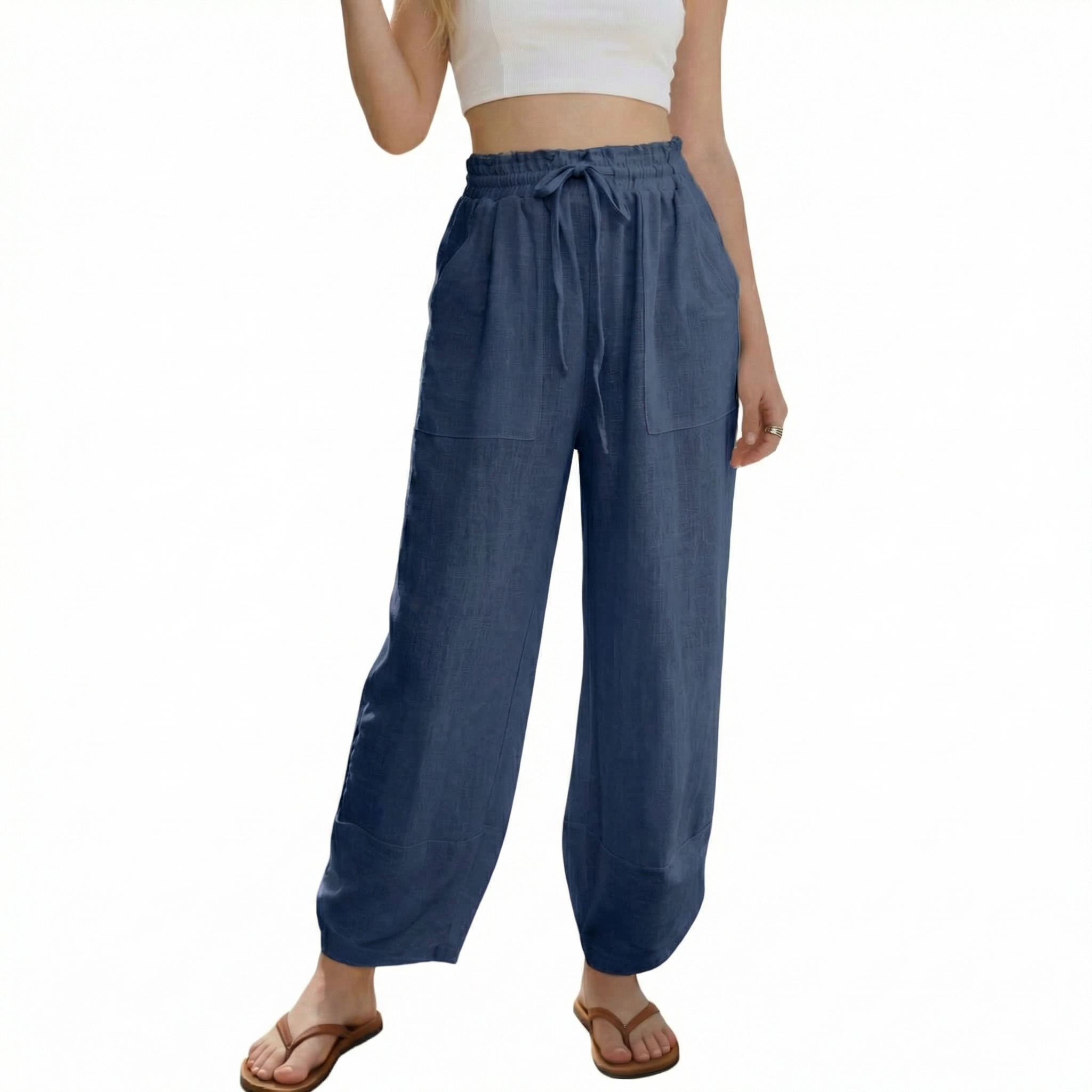 🔥Women's Linen Loose Casual Capri Pants Elastic Waistband with Pockets