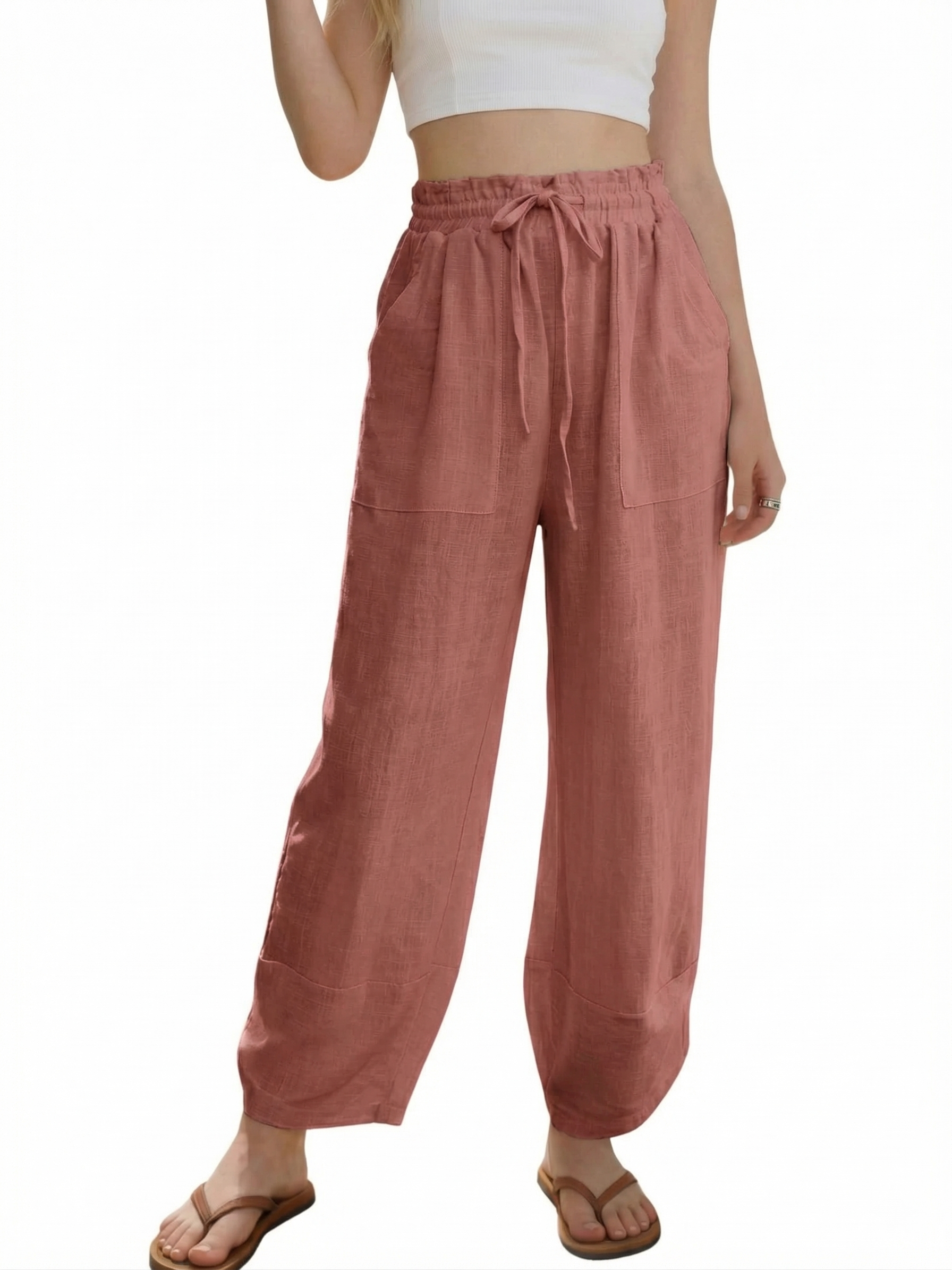 🔥Women's Linen Loose Casual Capri Pants Elastic Waistband with Pockets