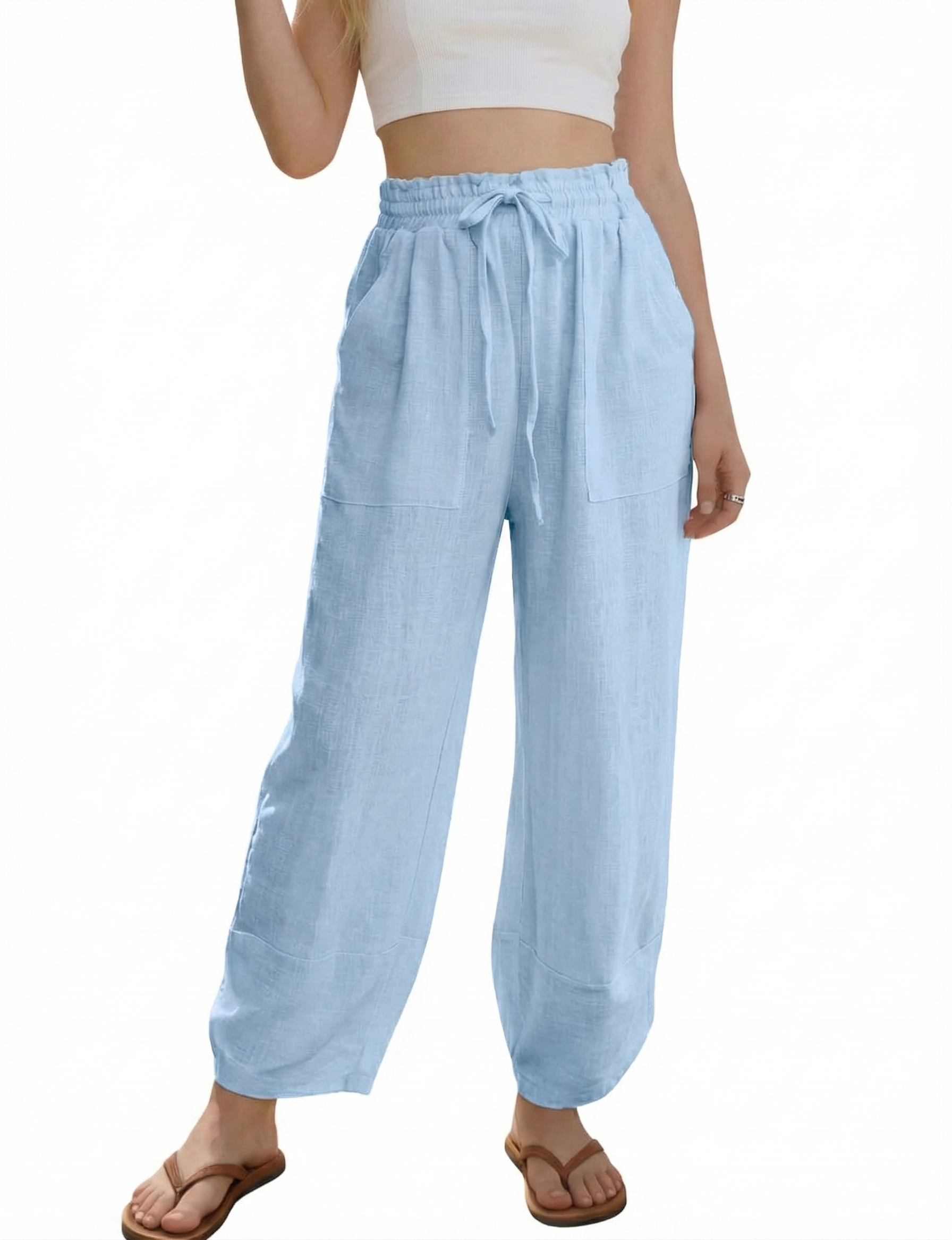 🔥Women's Linen Loose Casual Capri Pants Elastic Waistband with Pockets